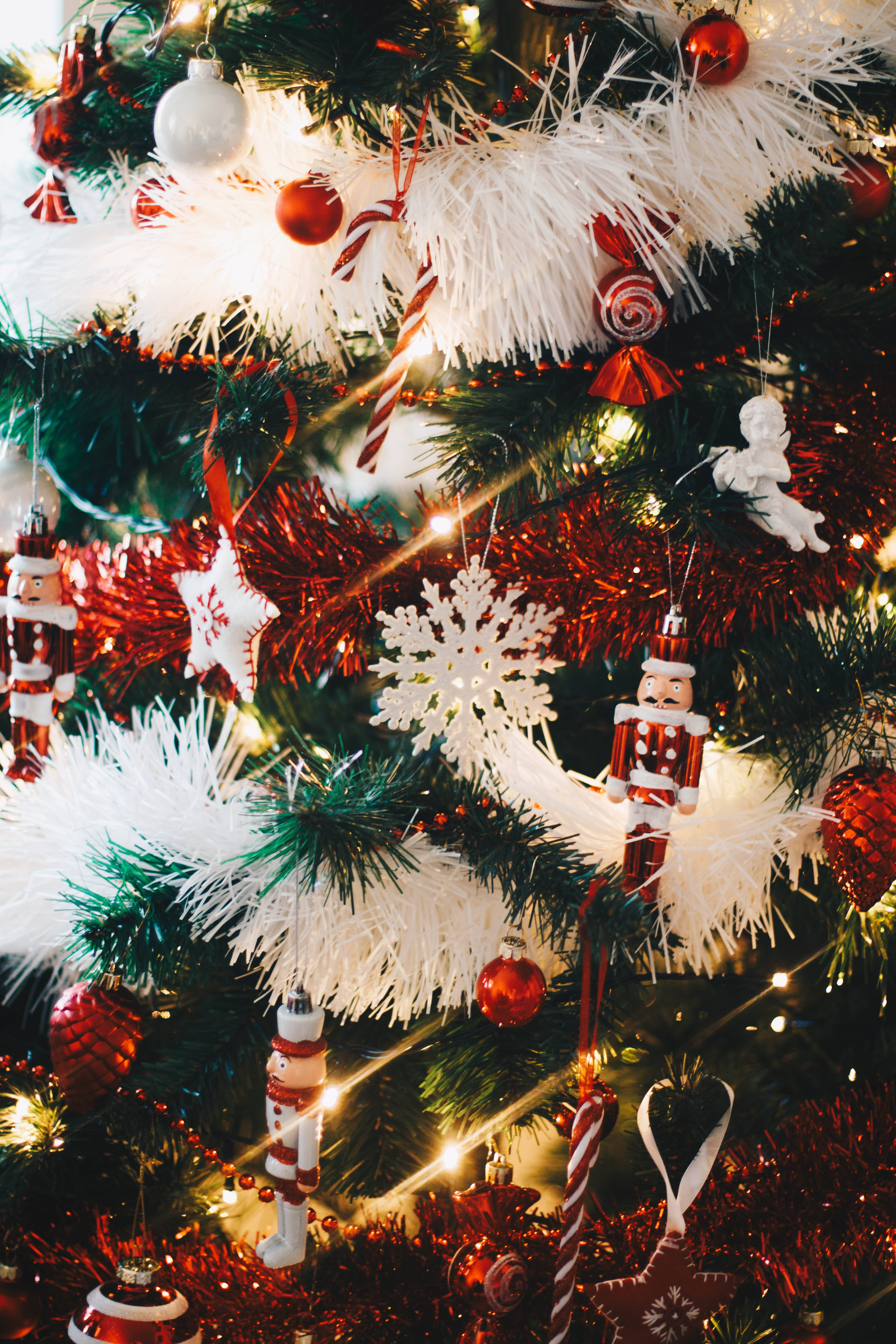 Christmas tree, red and white ornaments, candy canes, 5K Phone Wallpaper