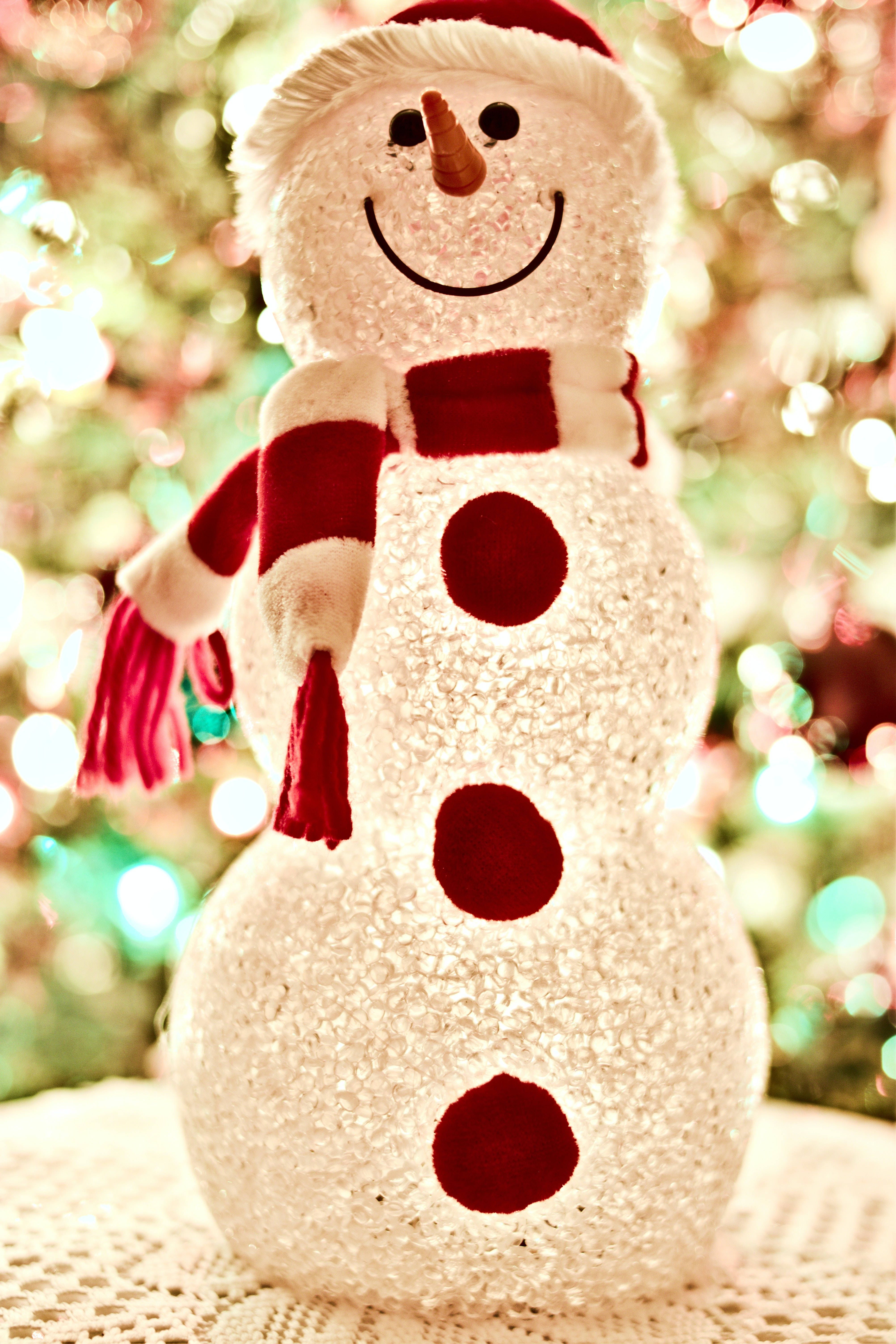 glittering snowman, red scarf, red hat, 5K Phone Wallpaper