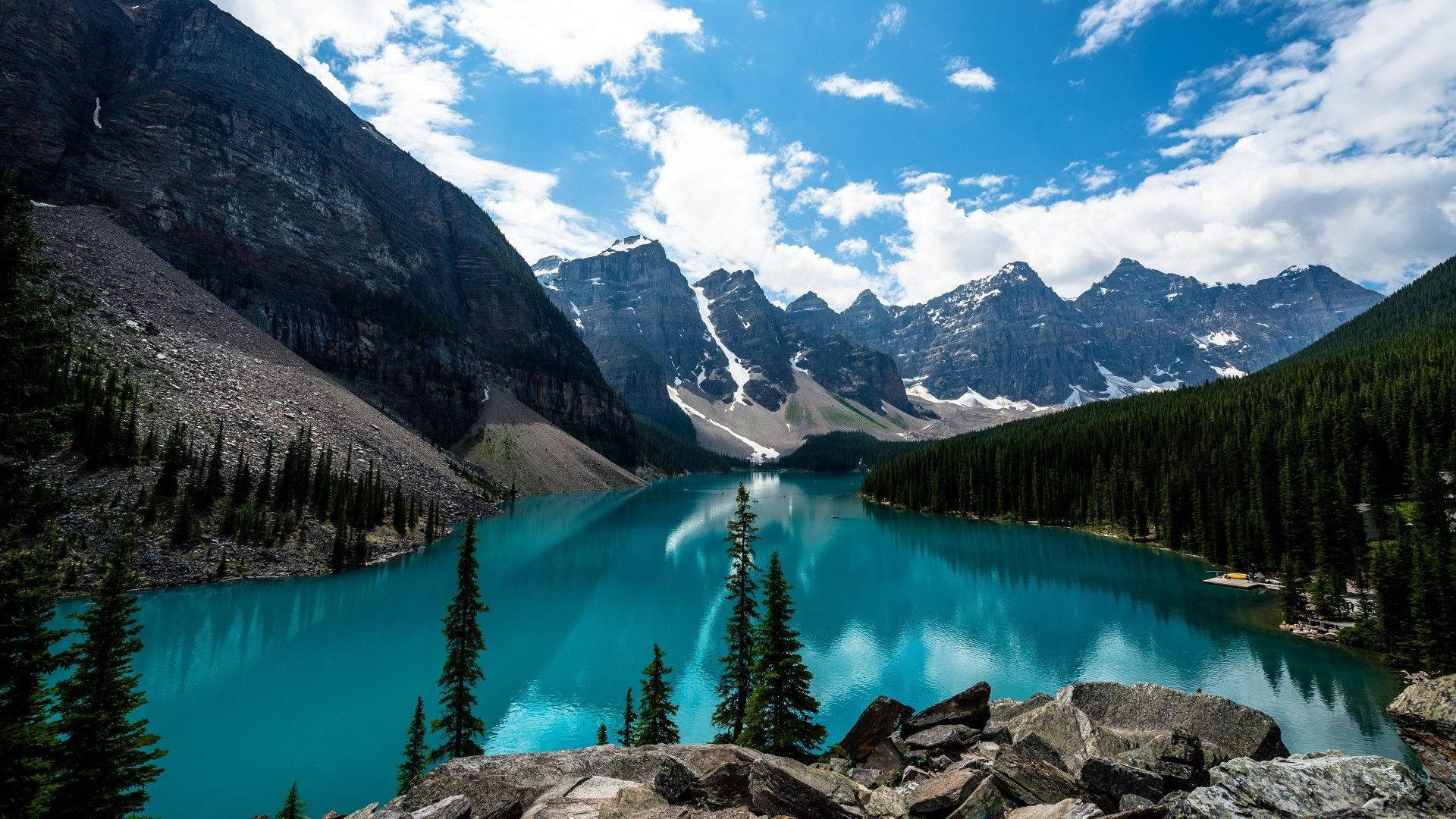 turquoise lake, snow-capped mountains, bright blue sky, Full HD Desktop Wallpaper