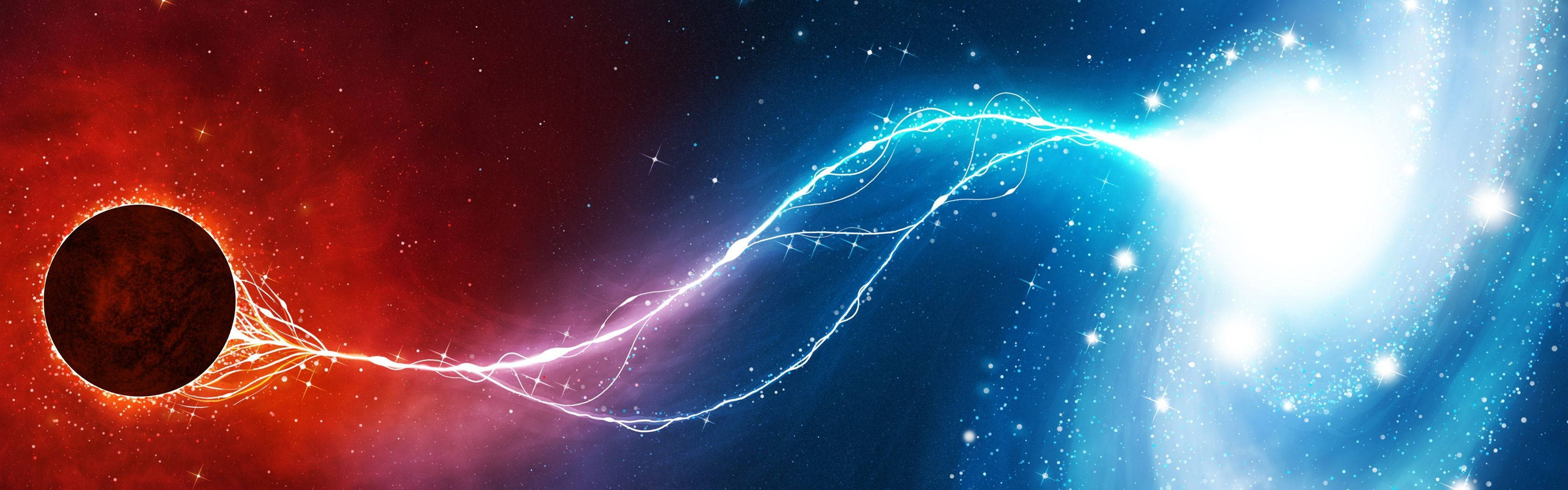 High Resolution Dual Monitor, planet, glowing white energy streams, 2K Desktop Wallpaper