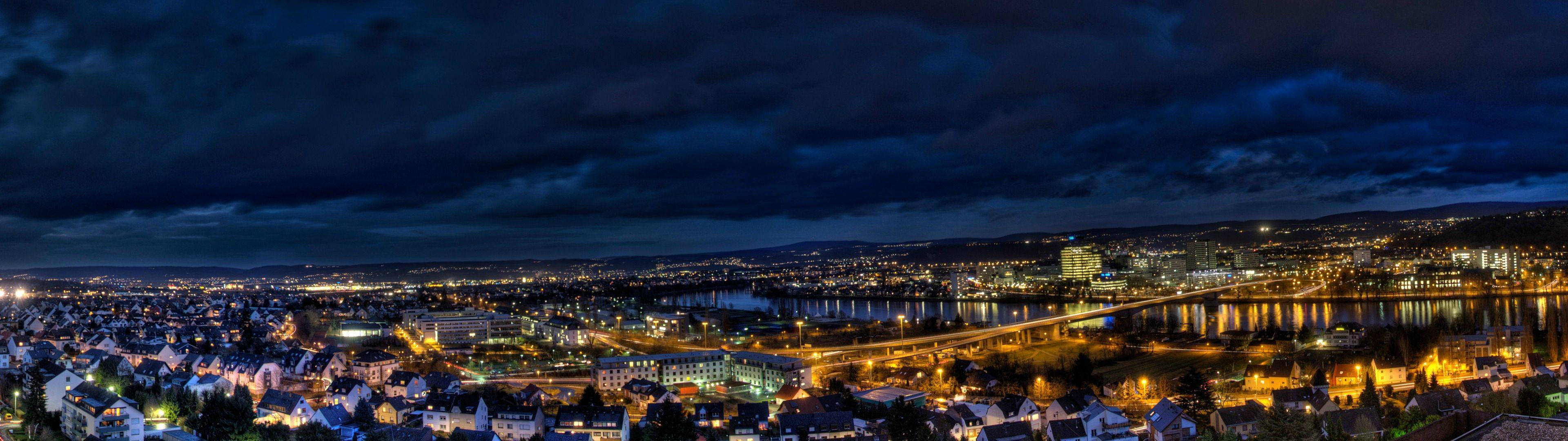 High Resolution Dual Monitor, cityscape, glowing streetlights, 4K Desktop Wallpaper