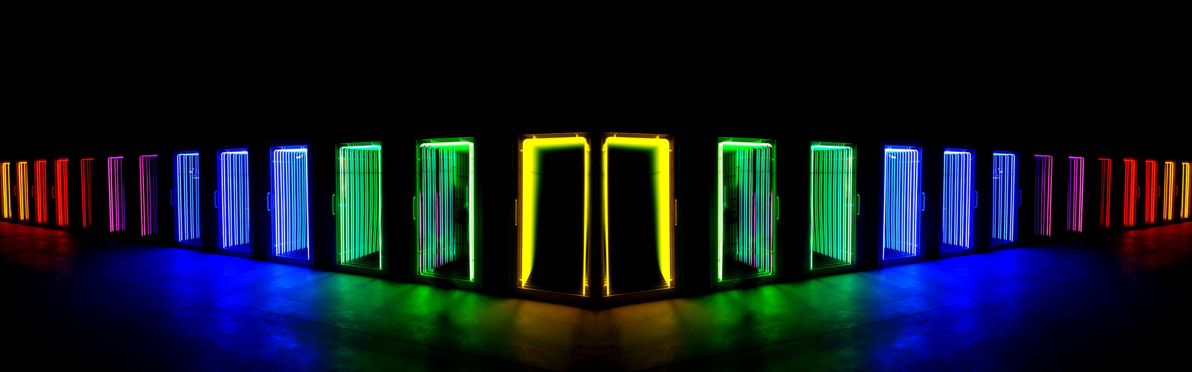 neon doors, vibrant colors, dark floor, 4K Desktop Wallpaper