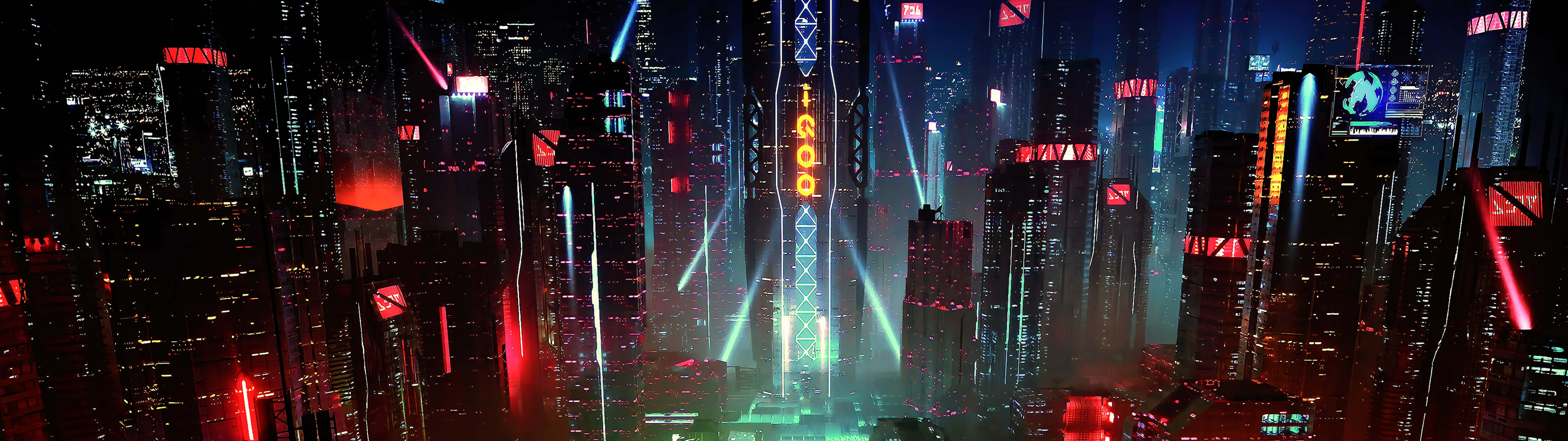 neon-drenched cyberpunk cityscape, towering skyscrapers, red green and blue hues, 8K Desktop Wallpaper
