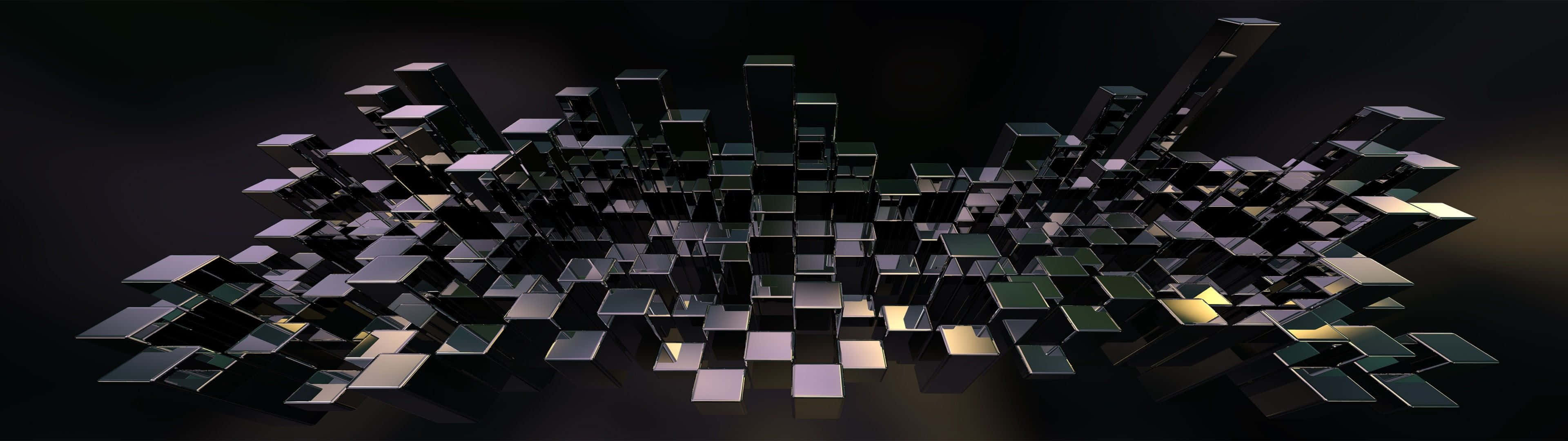 Ultra HD Dual Monitor, reflective black cubes, dynamic jagged formation, 4K Desktop Wallpaper