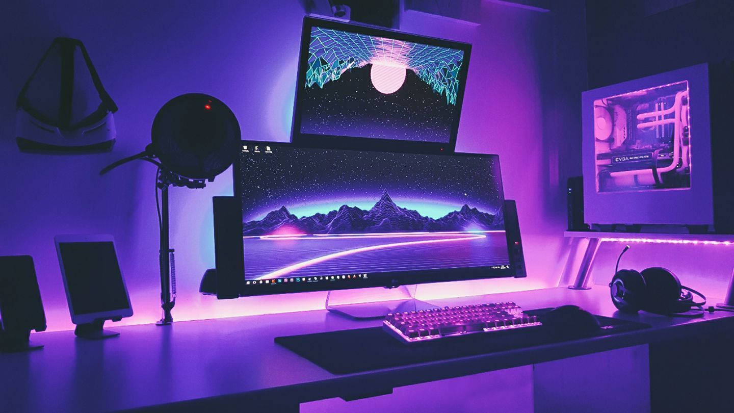 gaming room, dual stacked monitors, purple glow, HD Desktop Wallpaper