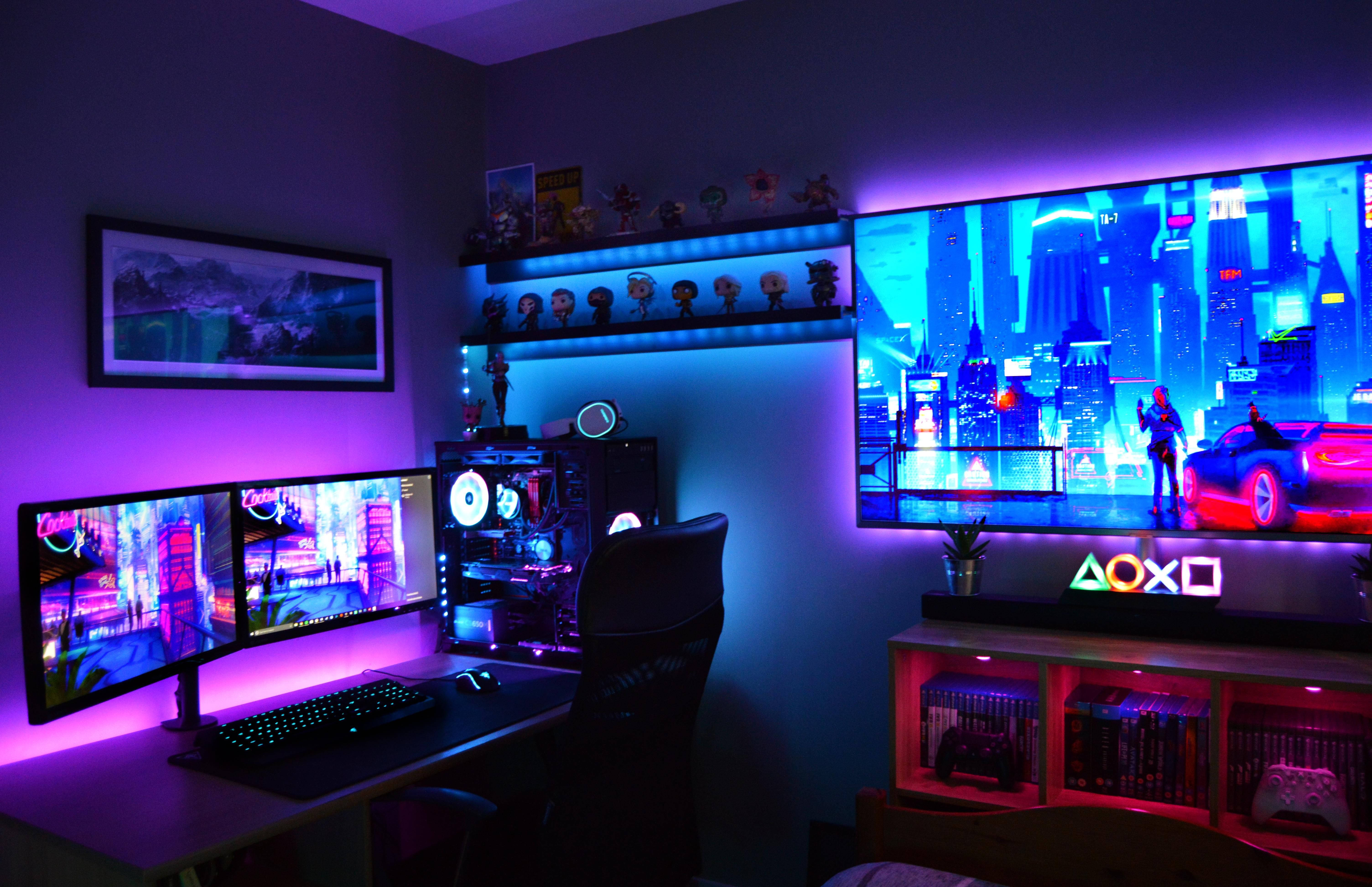 neon-lit gaming setup, multiple monitors, vibrant cyberpunk scenes, 5K Desktop Wallpaper