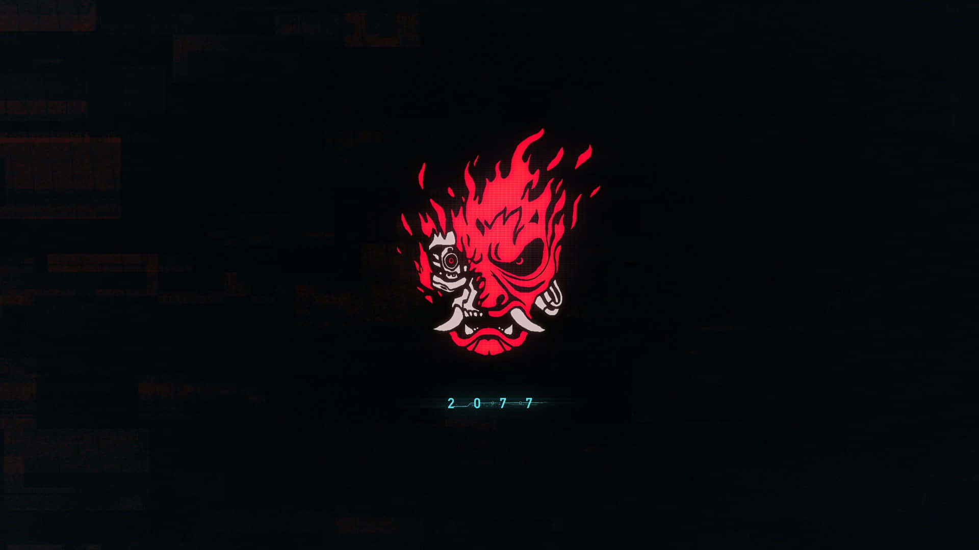 neon gaming, glowing red demonic mask, fiery hair, Full HD Desktop Wallpaper