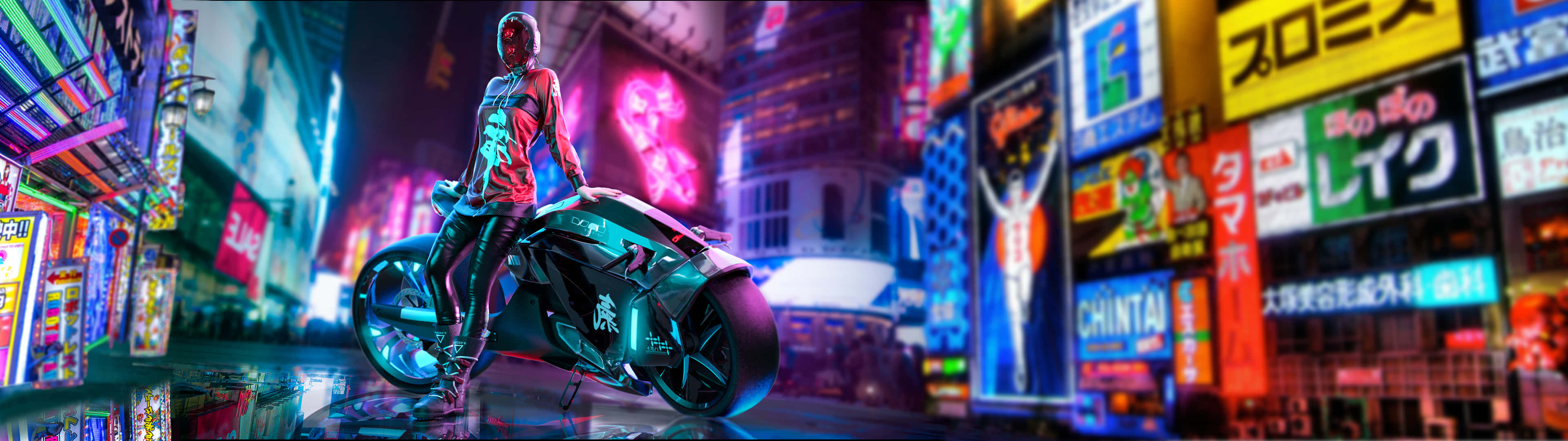 cyberpunk rider, glowing motorcycle, neon-drenched Tokyo street, 4K Desktop Wallpaper