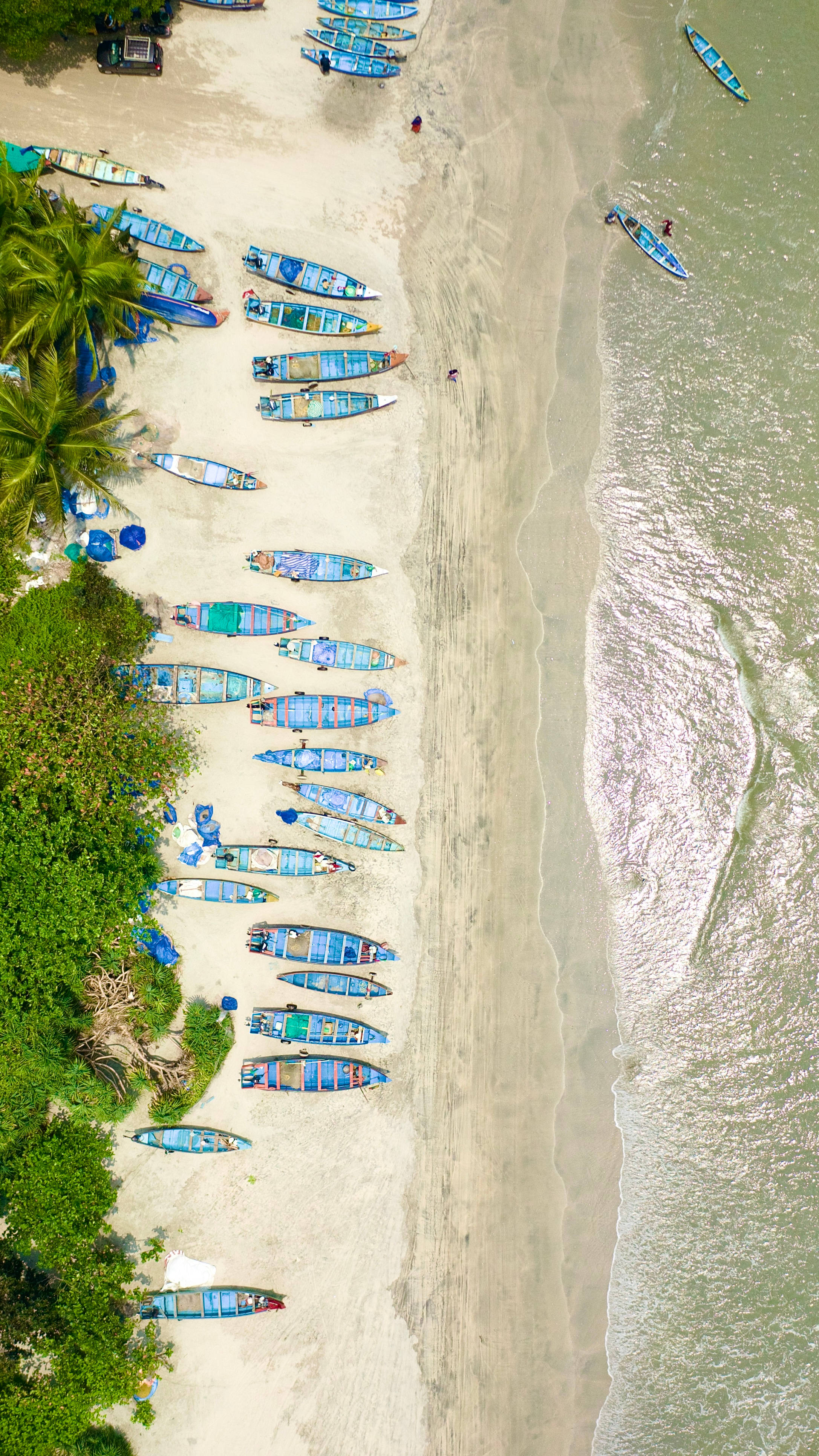 High Resolution iPhone, beach, colorful blue fishing boats, 4K Phone Wallpaper