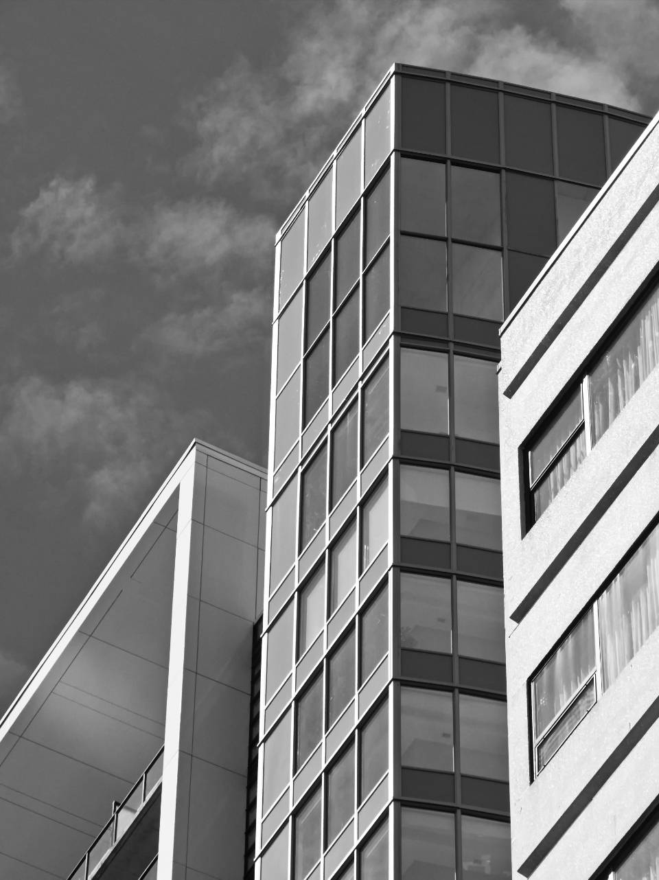 black and white, low angle shot, modern glass and concrete buildings, HD Phone Wallpaper
