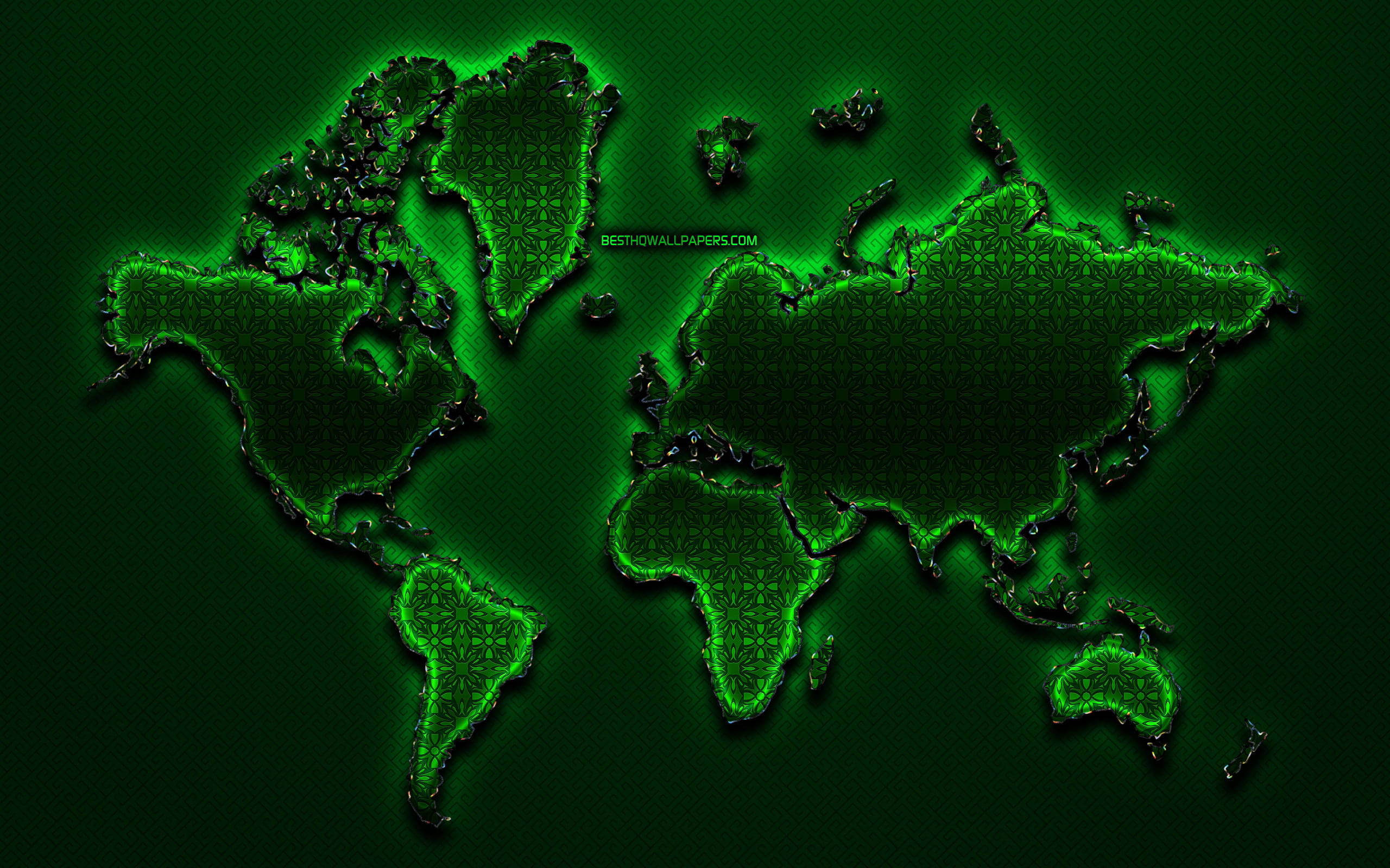 High Resolution World Map, neon green outlines, intricate geometric patterns, 2K Desktop Wallpaper