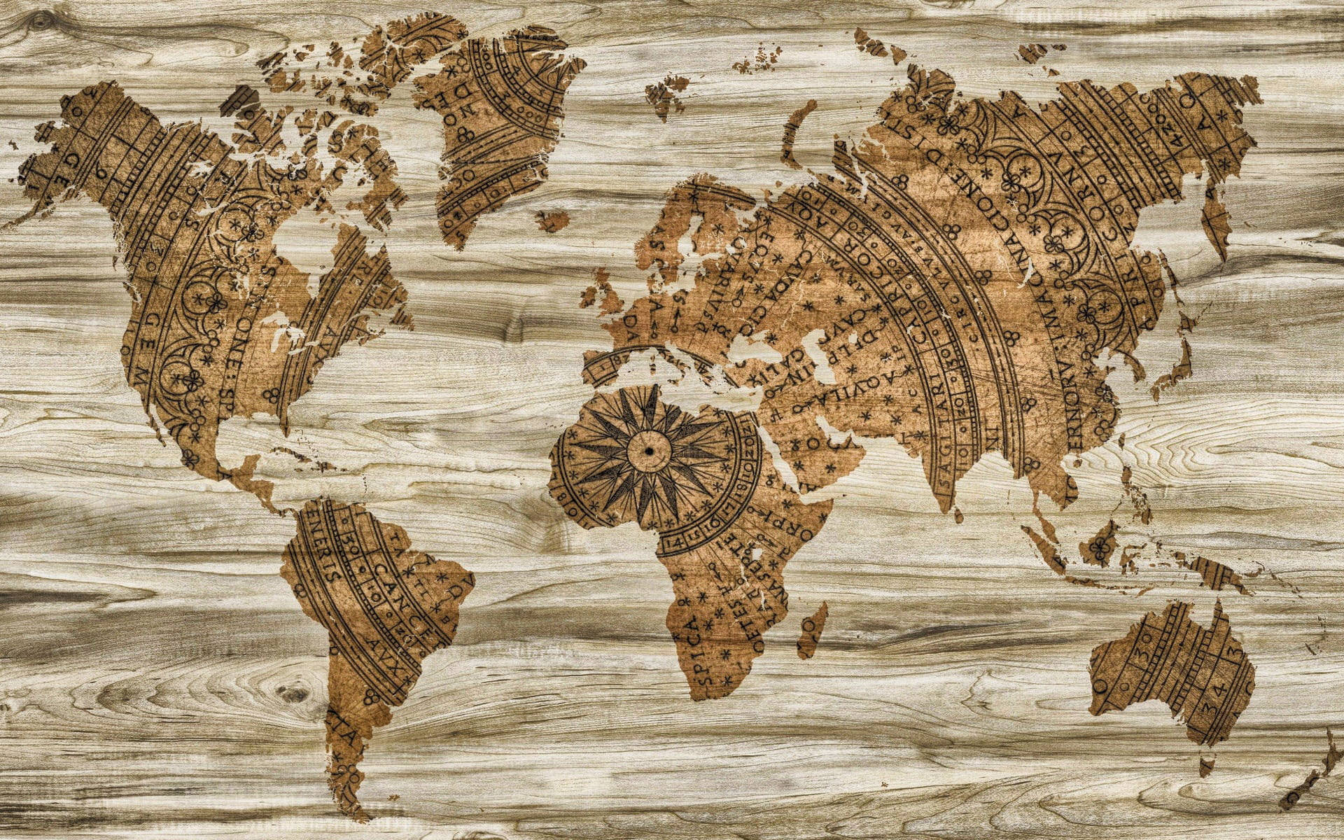 High Resolution World Map, compass, wood, Full HD Desktop Wallpaper