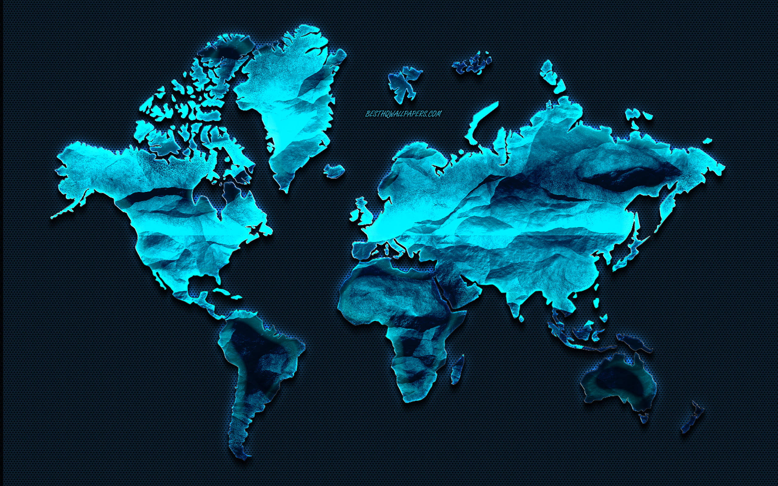 metallic blue, glowing cyan, textured continents, 2K Desktop Wallpaper