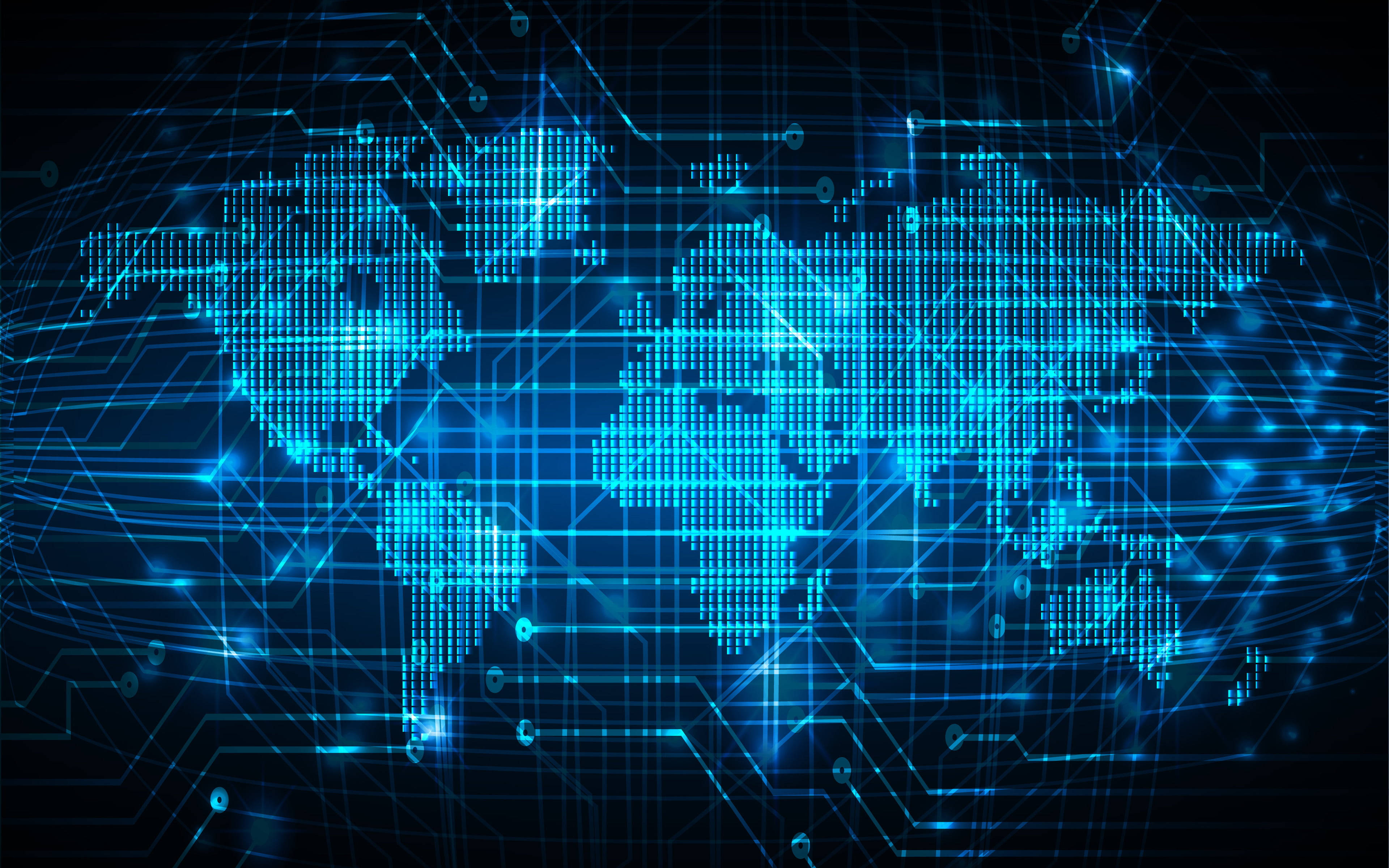 blue digital world map, circuit board patterns, neon lights, 4K Desktop Wallpaper