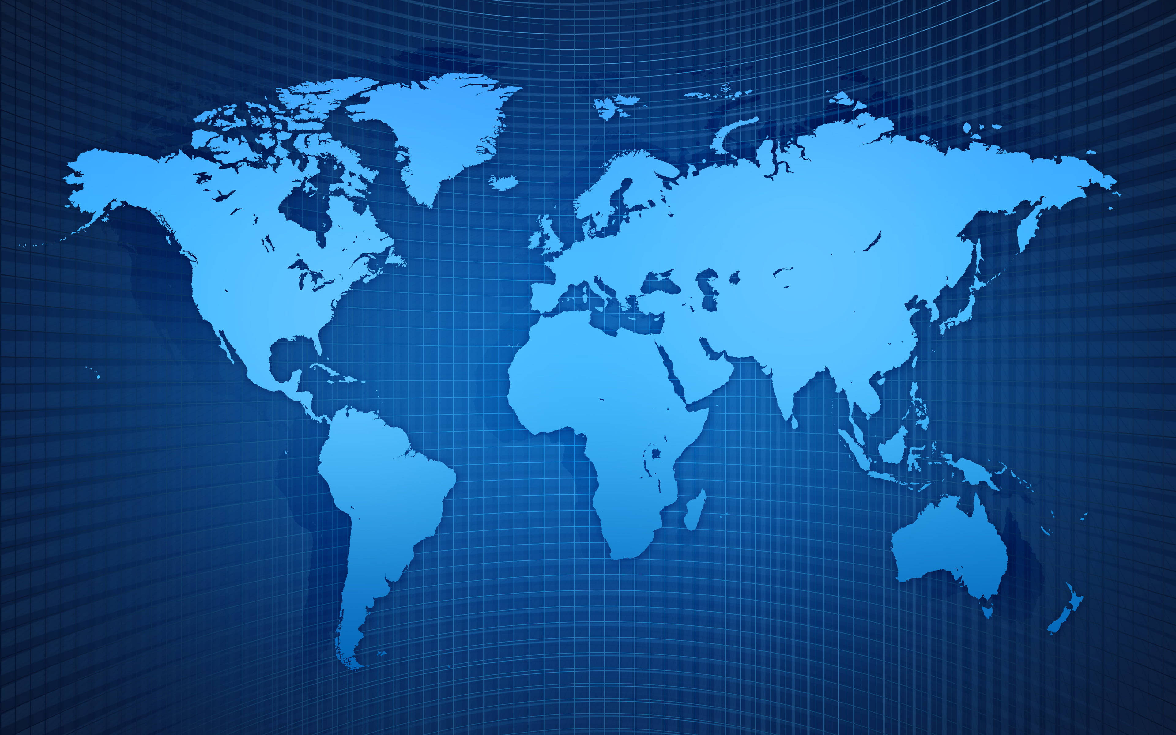 High Resolution Blue Grid World Map, glowing blue world map silhouette, dark blue grid background, 4K Desktop Wallpaper