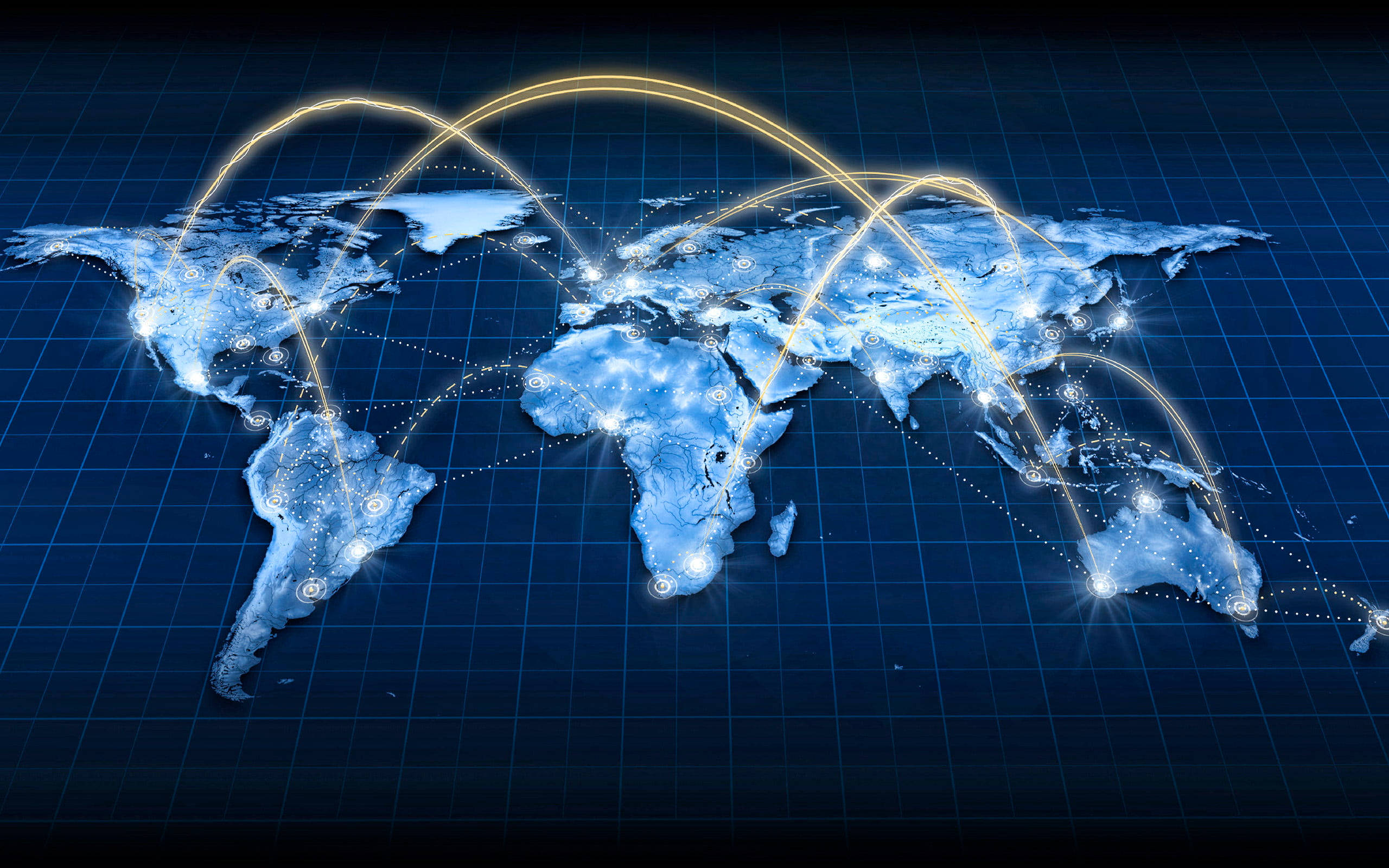 High Resolution World Map, glowing blue, golden data streams, 2K Desktop Wallpaper