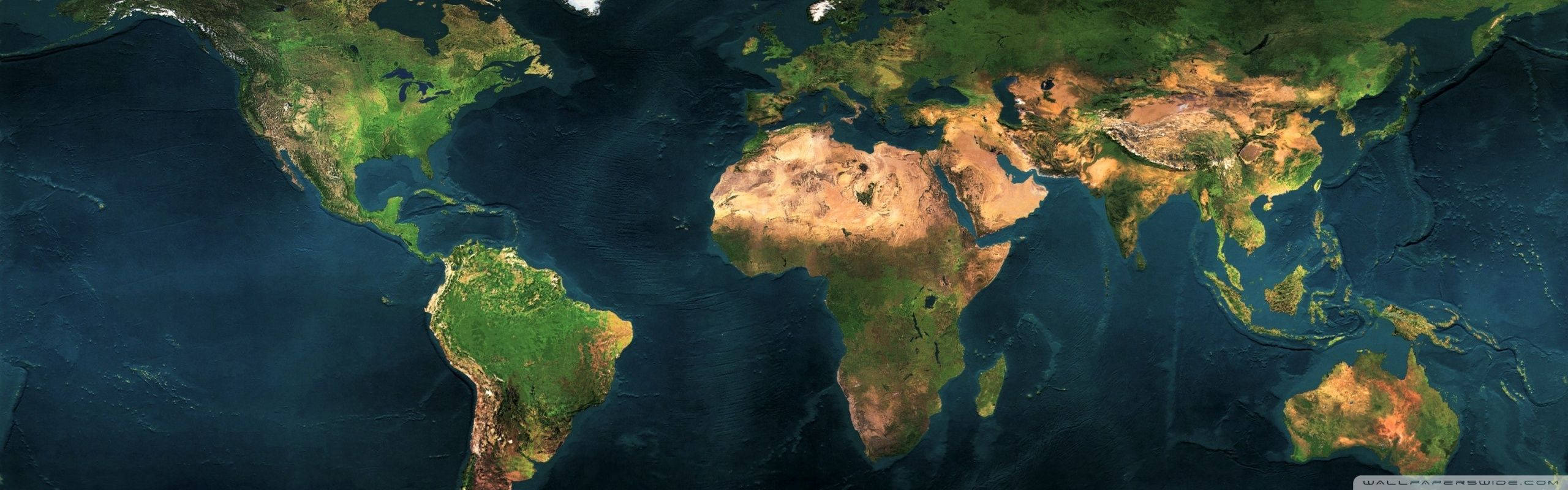 3 monitor world map, aerial satellite view, Earth, 2K Desktop Wallpaper