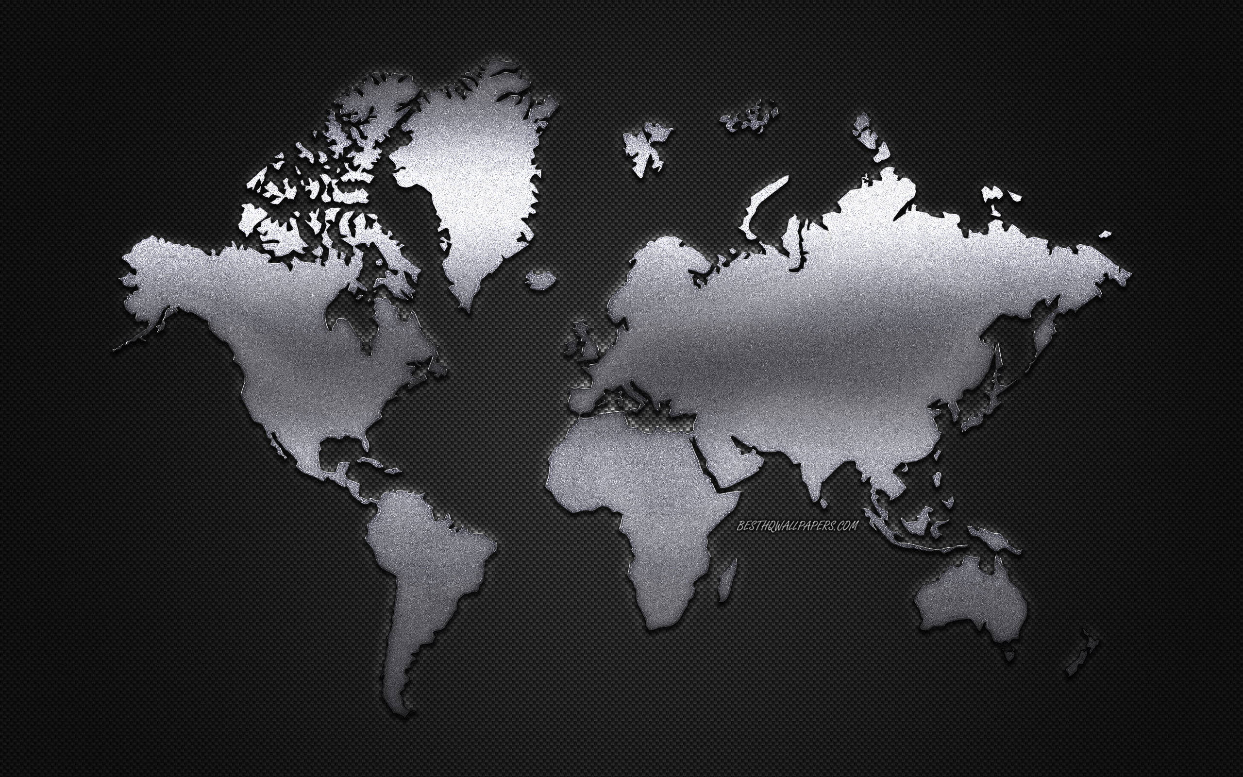 high resolution black and white world map, metallic world map silhouette, dark textured background, 2K Desktop Wallpaper
