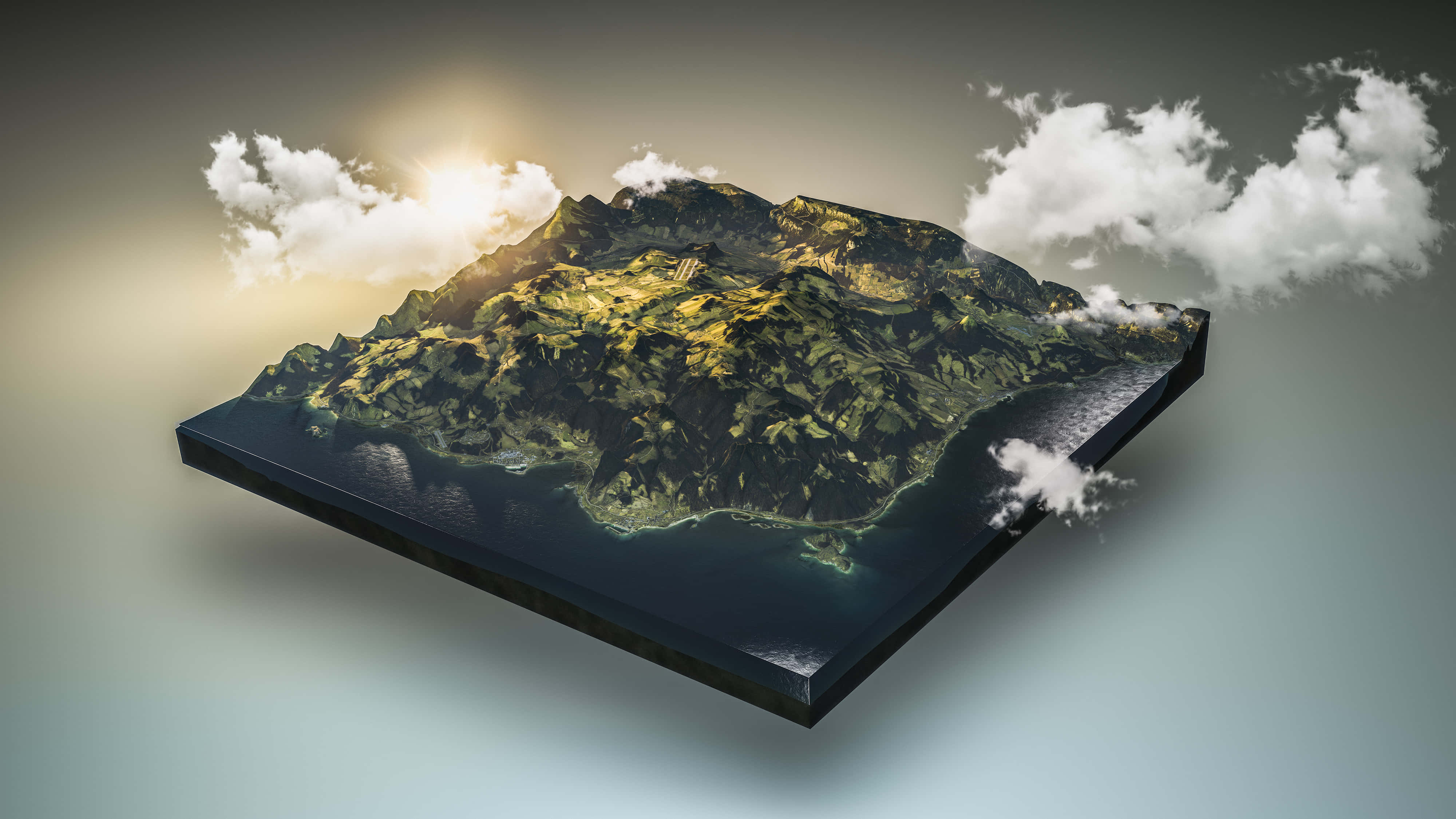 3D World Map, mountainous island, lush green slopes, 4K Desktop Wallpaper