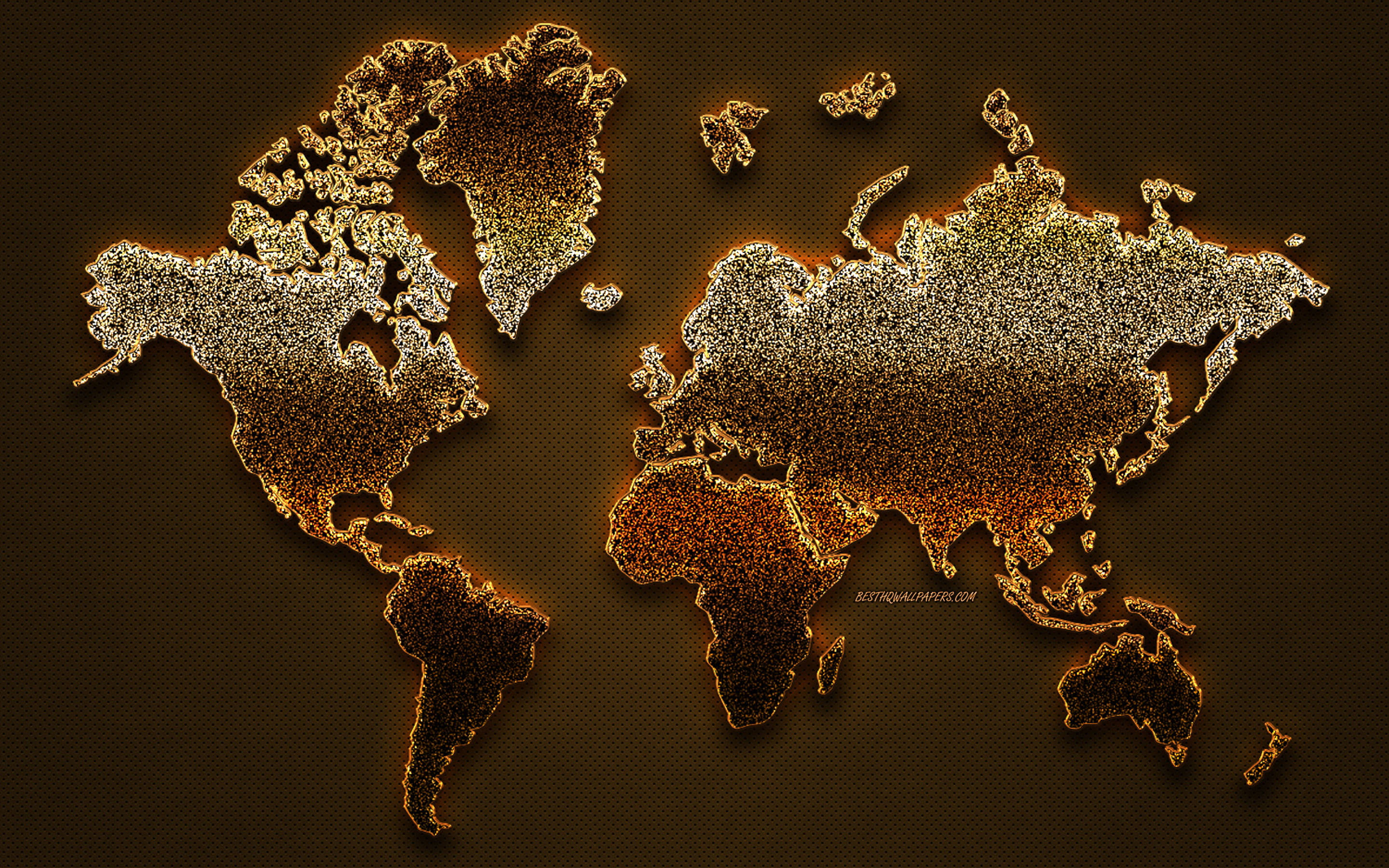 High Resolution World Map, warm toned, glittering gold, 2K Desktop Wallpaper