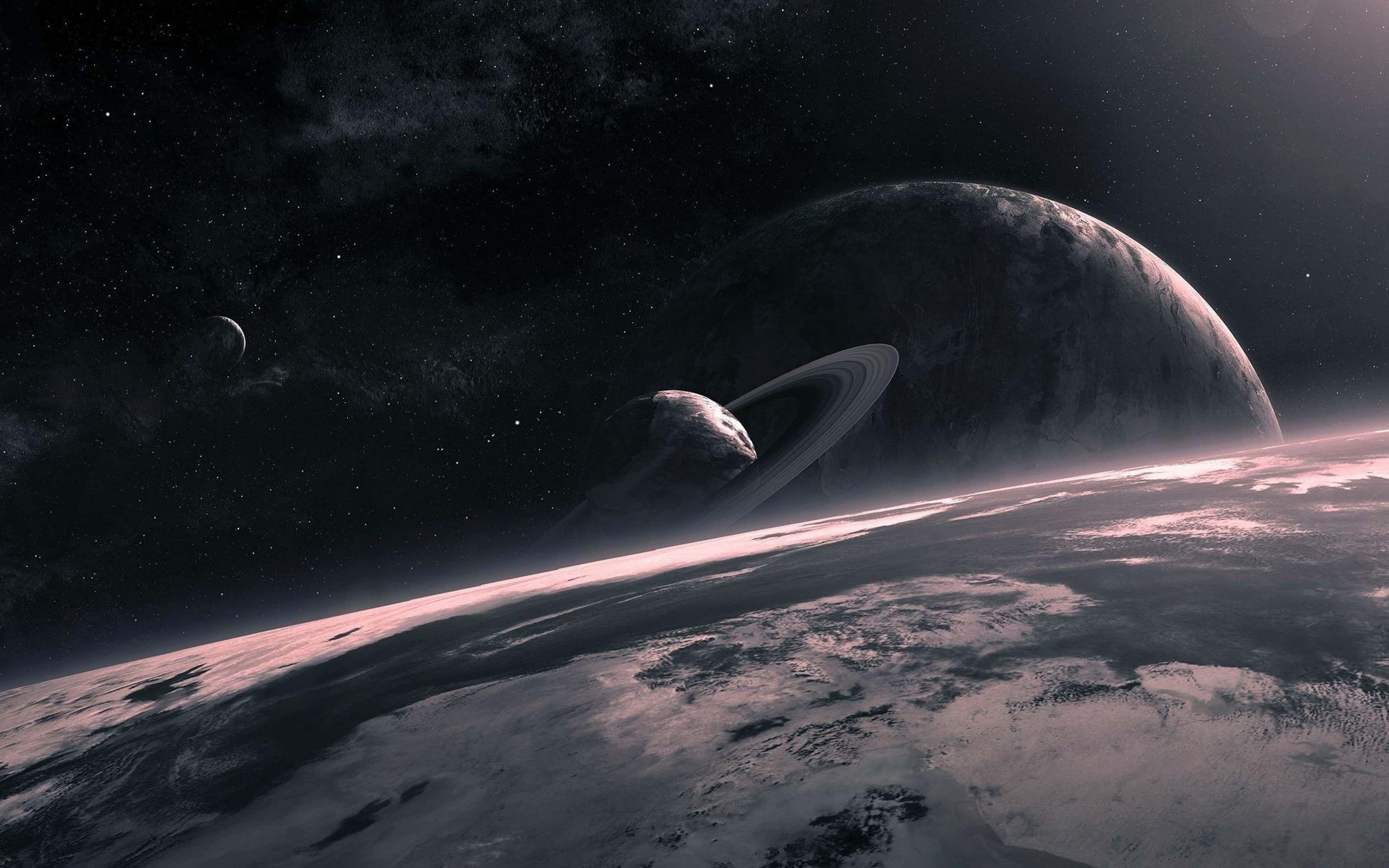 4K Universe, ringed planet, snowy alien landscape, 4K Desktop Wallpaper