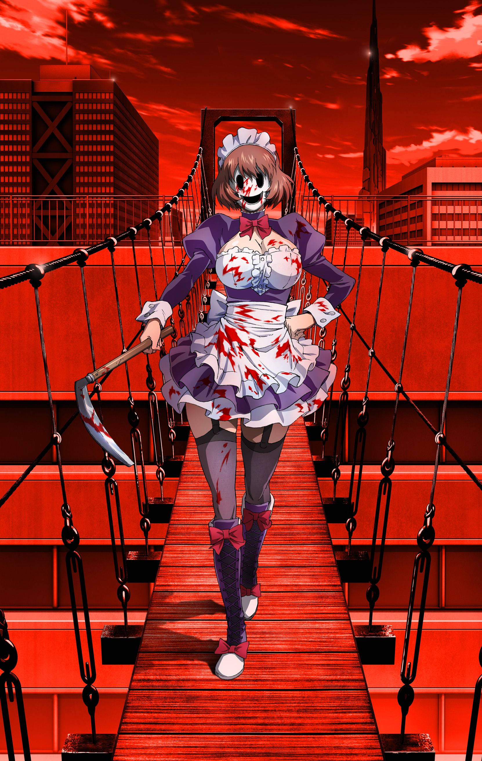 High-Rise Invasion, maid mask sickle, bloodied anime maid, 2K Phone Wallpaper