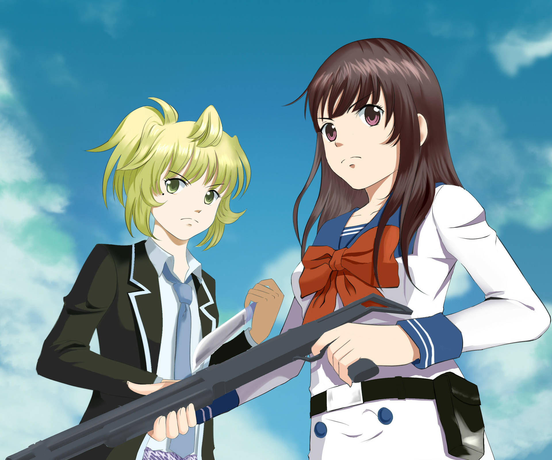 High rise invasion, anime girls, school uniforms, Full HD Desktop Wallpaper