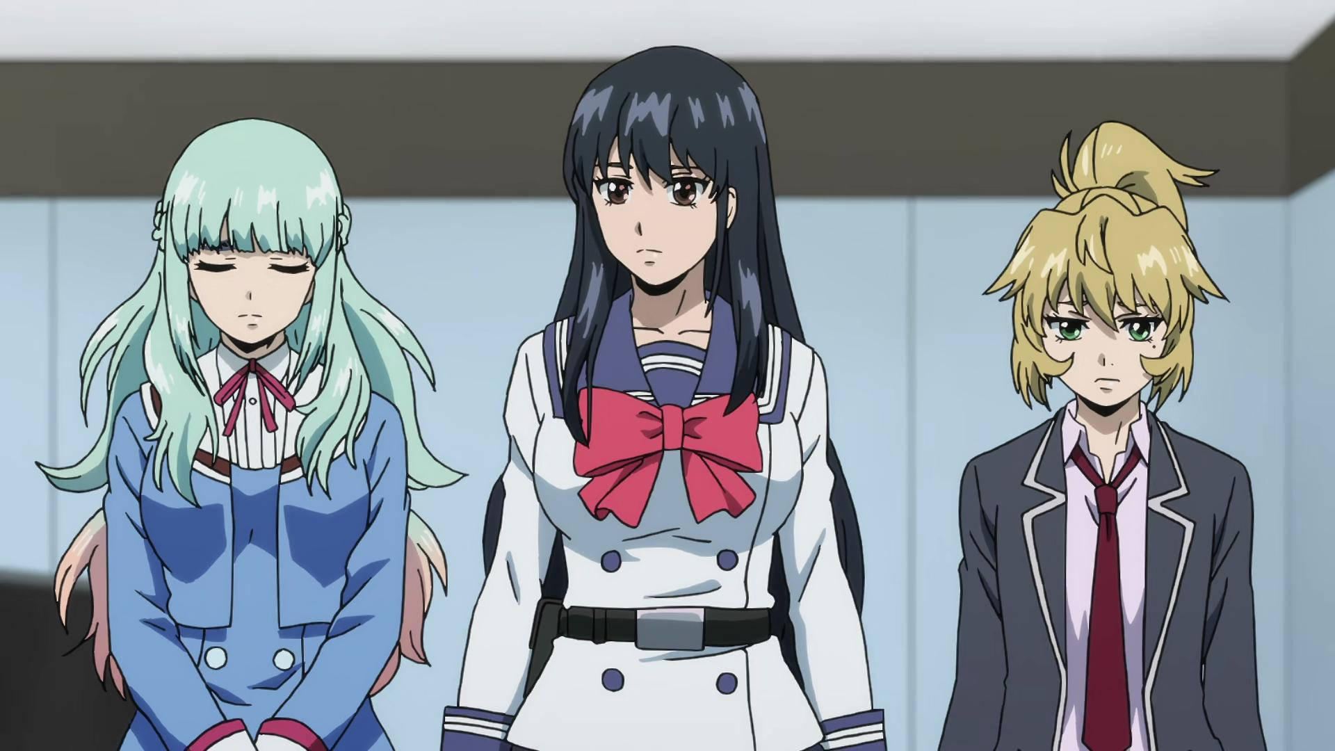 High rise invasion, anime girls, school uniforms, Full HD Desktop Wallpaper