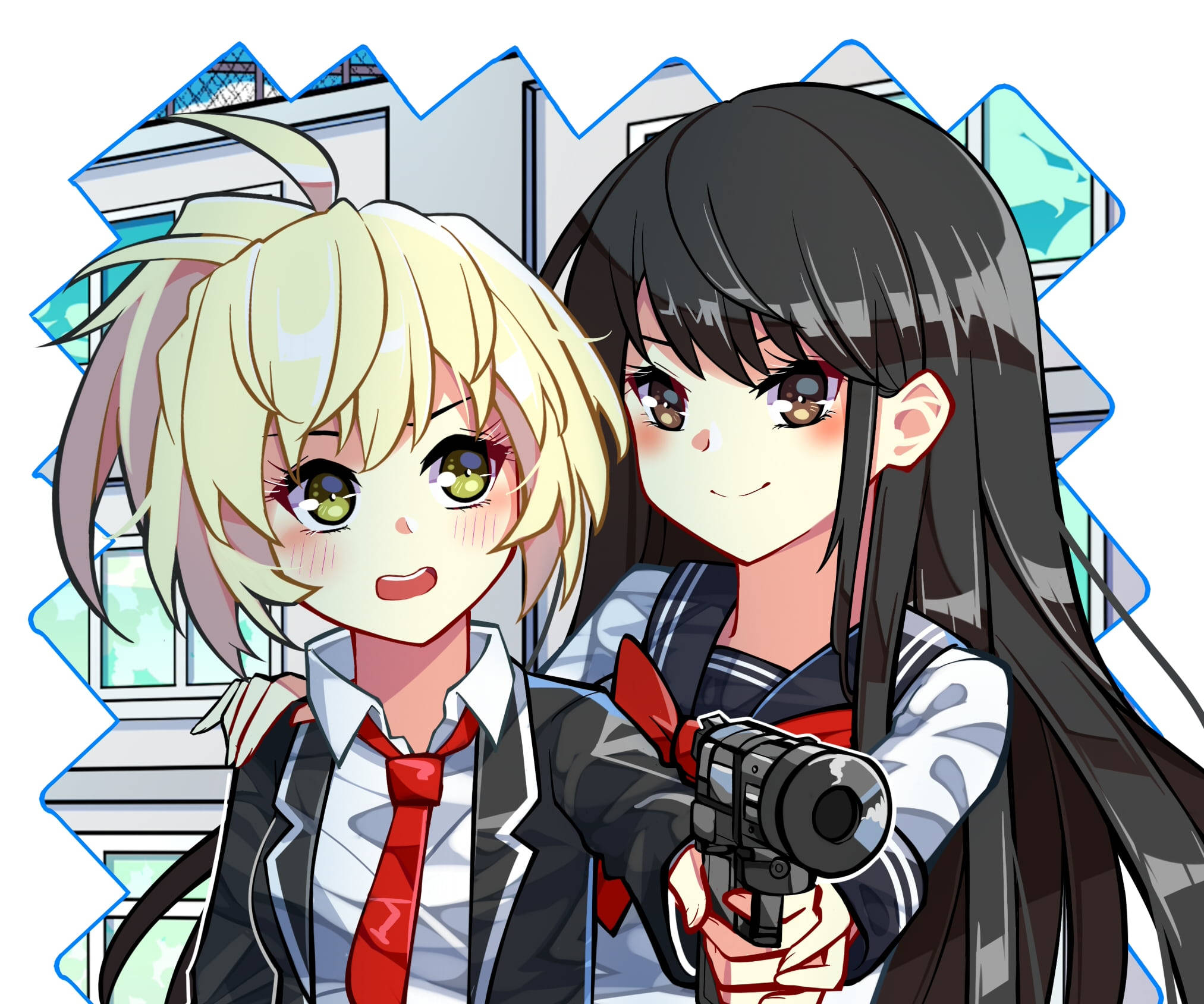 High rise invasion, chibi art, school uniforms, Full HD Desktop Wallpaper