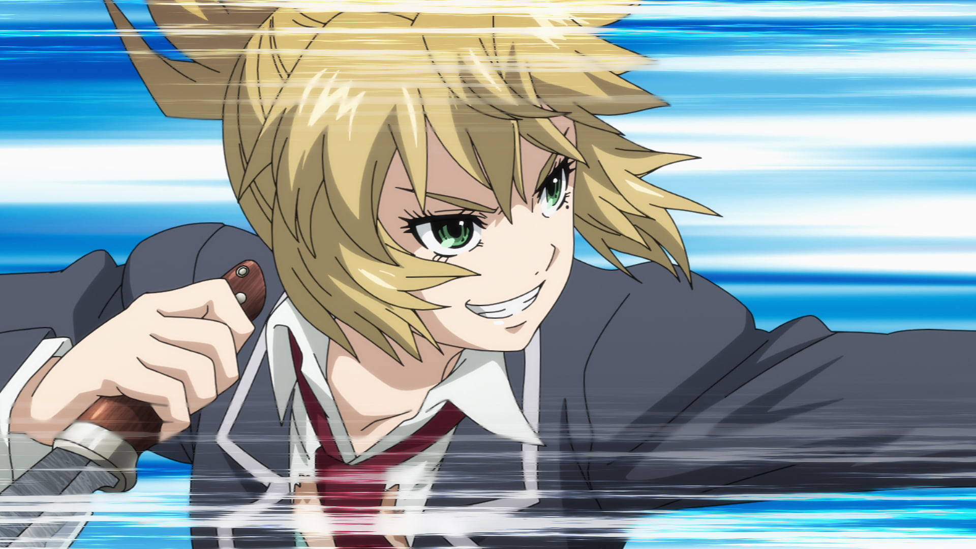 High rise invasion, anime girl, spiky blonde hair, Full HD Desktop Wallpaper