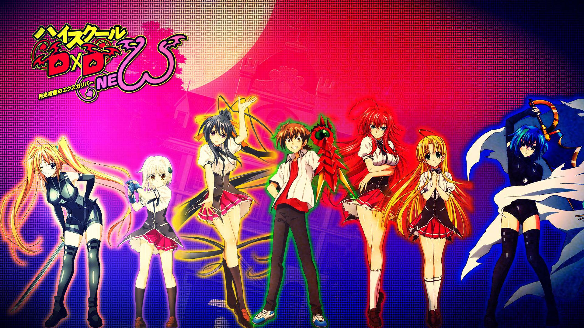 High School Dxd, anime characters, vibrant pink and blue gradient background, Full HD Desktop Wallpaper