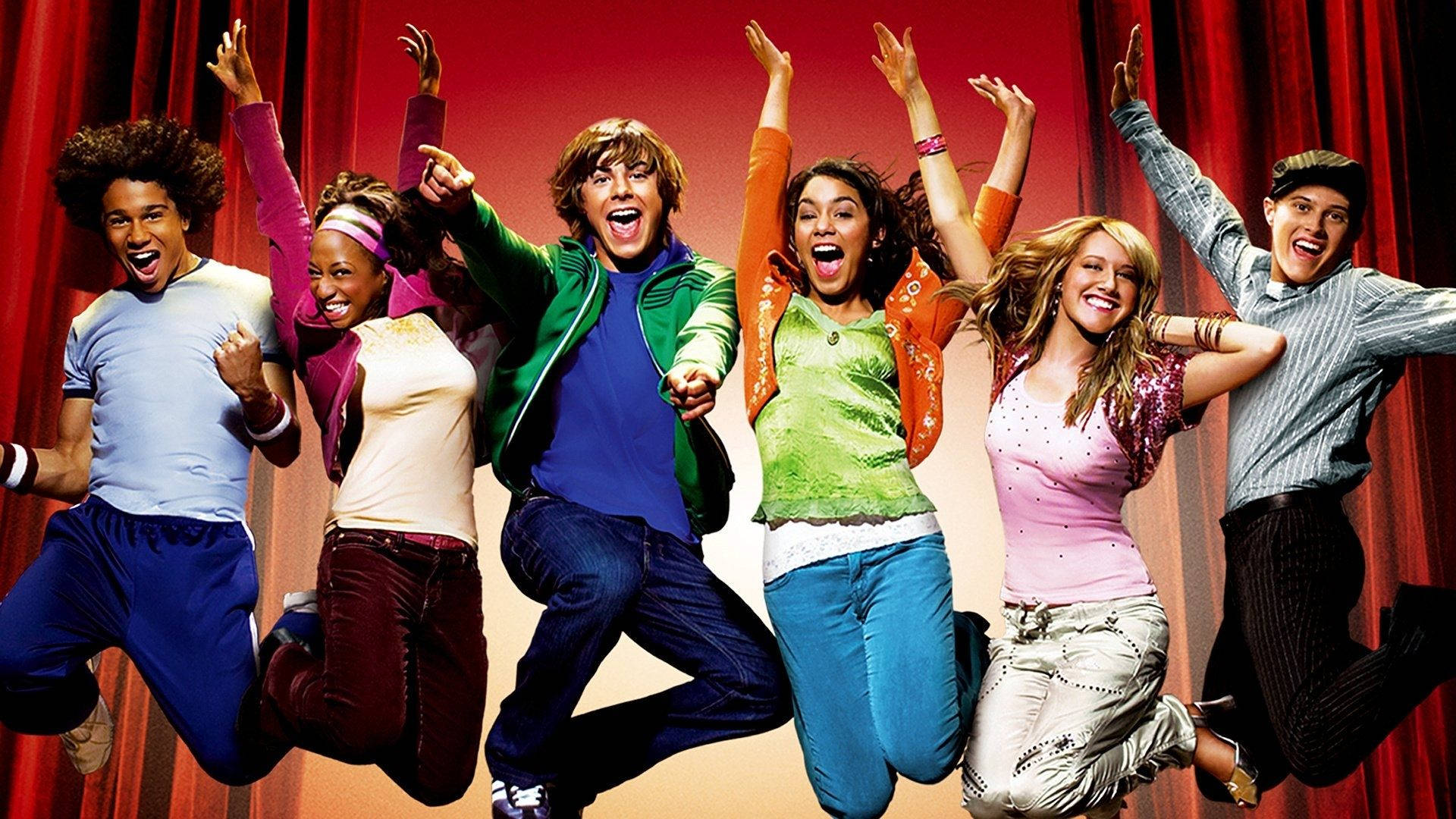 High school musical, red curtain, six joyful teens, Full HD Desktop Wallpaper