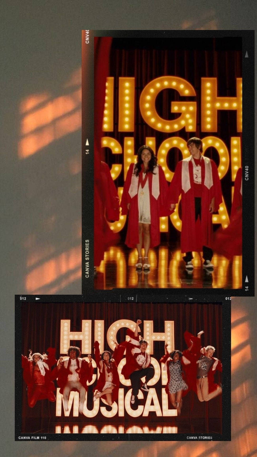 High School Musical, red graduation gowns, glowing marquee lights, Full HD Phone Wallpaper
