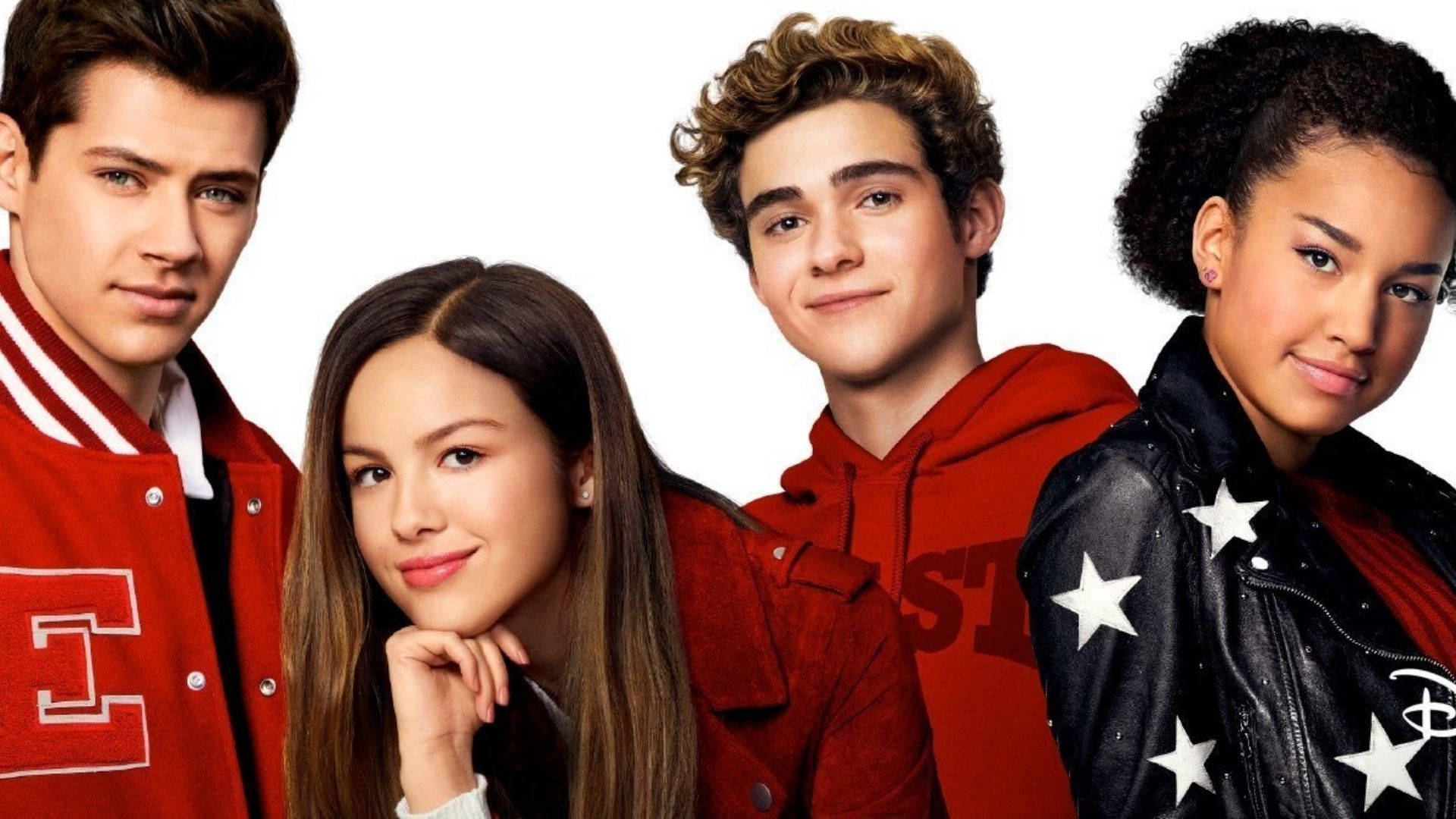 High School Musical, red and black outfits, four young actors, Full HD Desktop Wallpaper