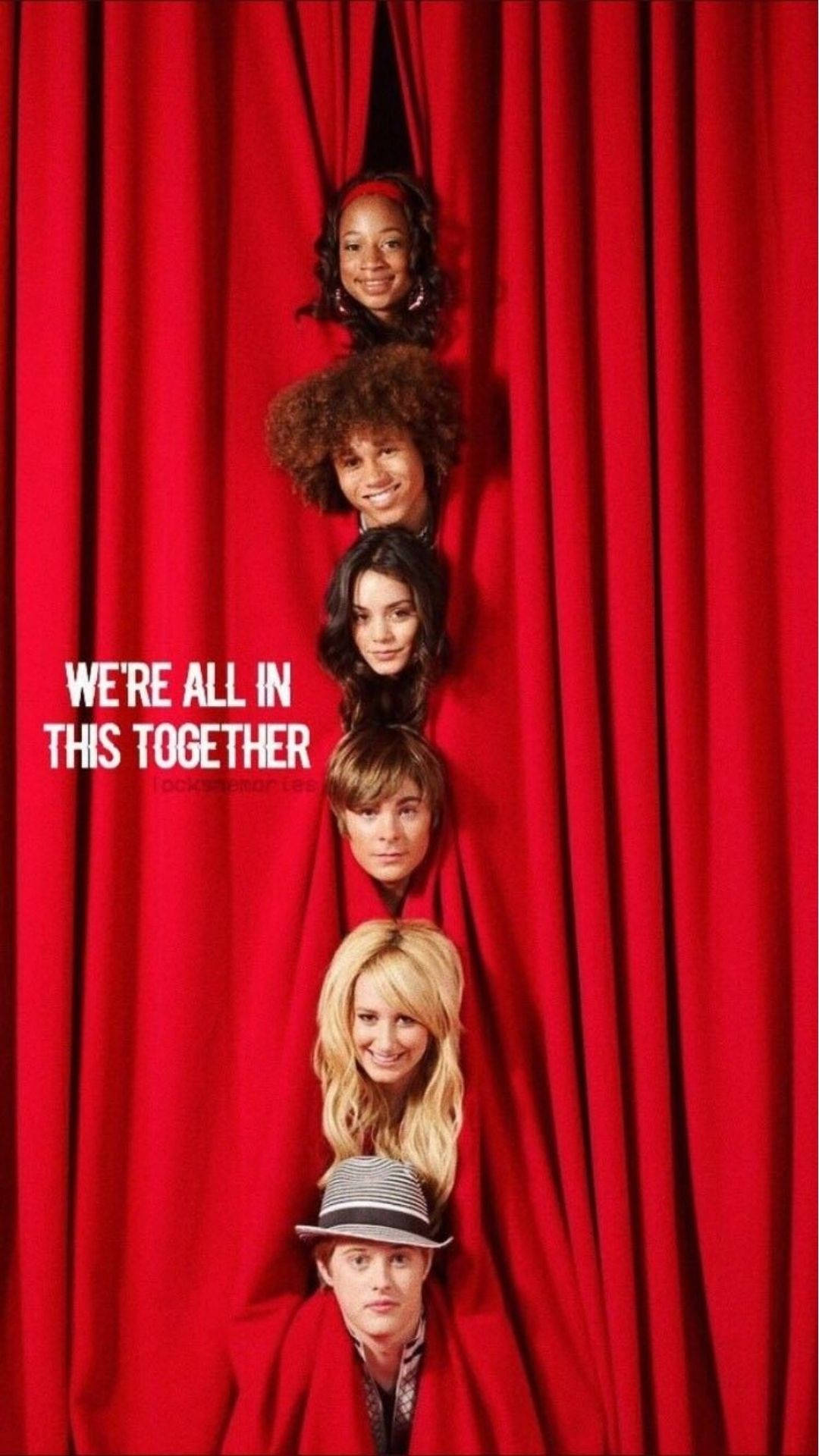 High School Musical, six smiling faces, rich red curtain, Full HD Phone Wallpaper