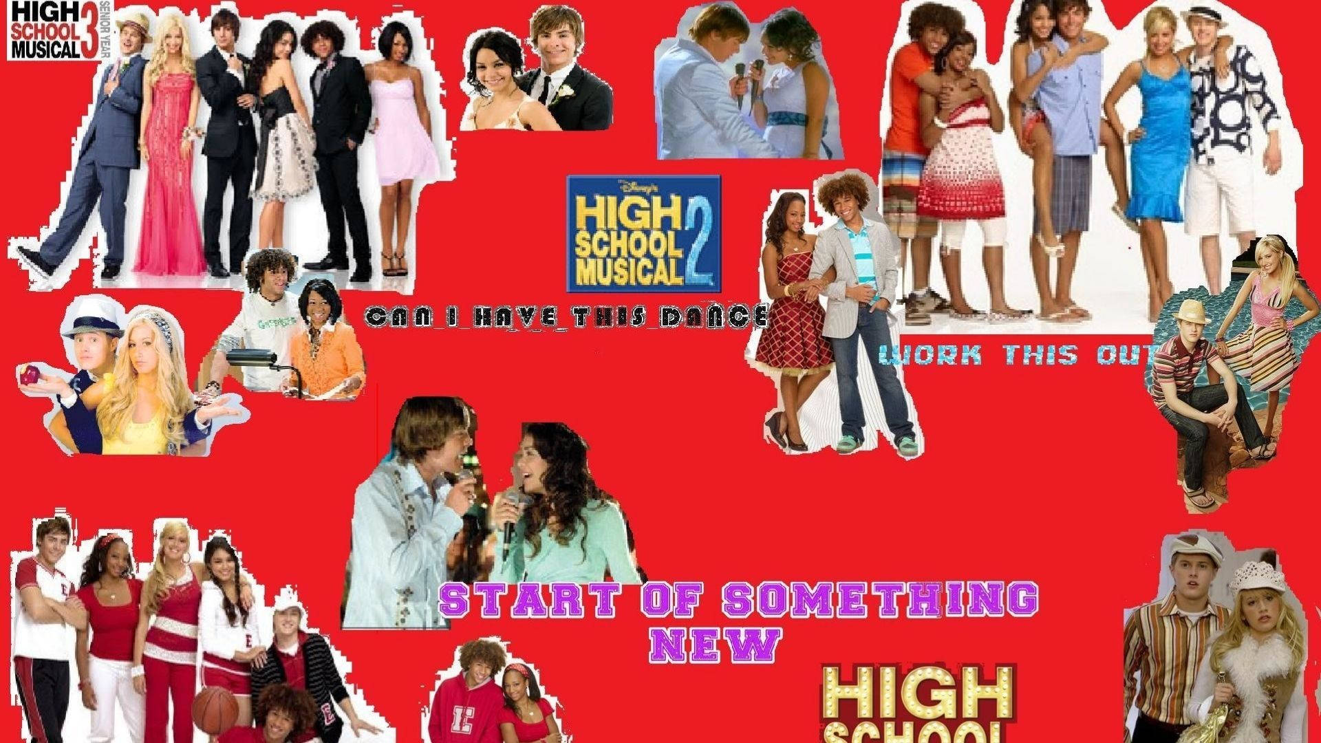 High School Musical, vibrant red background, cast members, Full HD Desktop Wallpaper