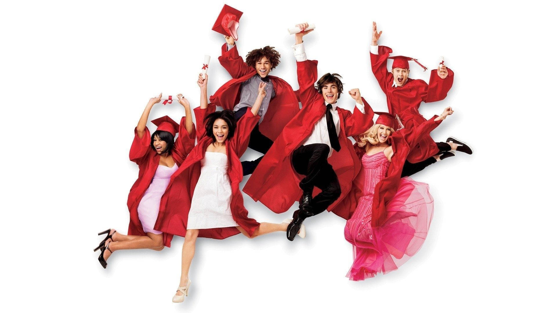 High School Musical, red caps and gowns, stark white background, Full HD Desktop Wallpaper