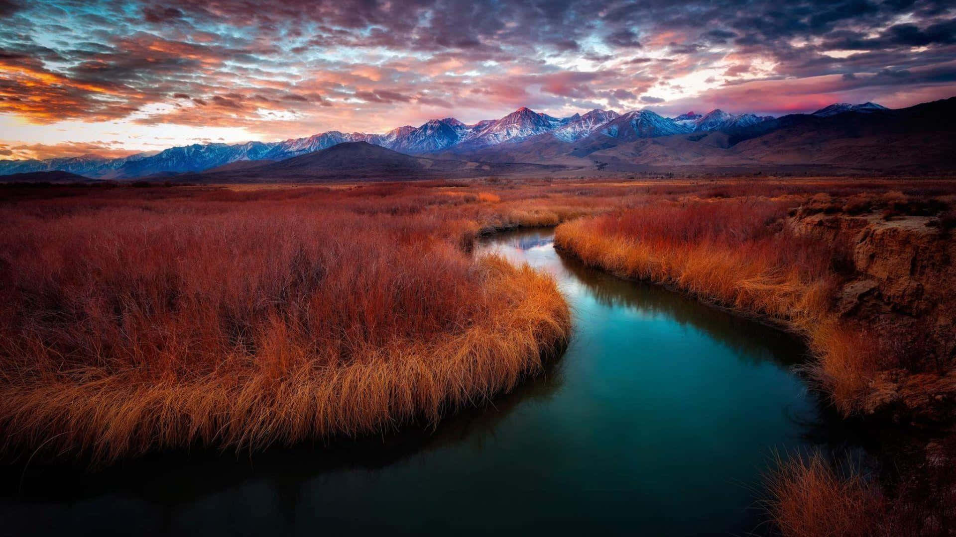 High Sierra, fiery sunset, golden grasslands, Full HD Desktop Wallpaper