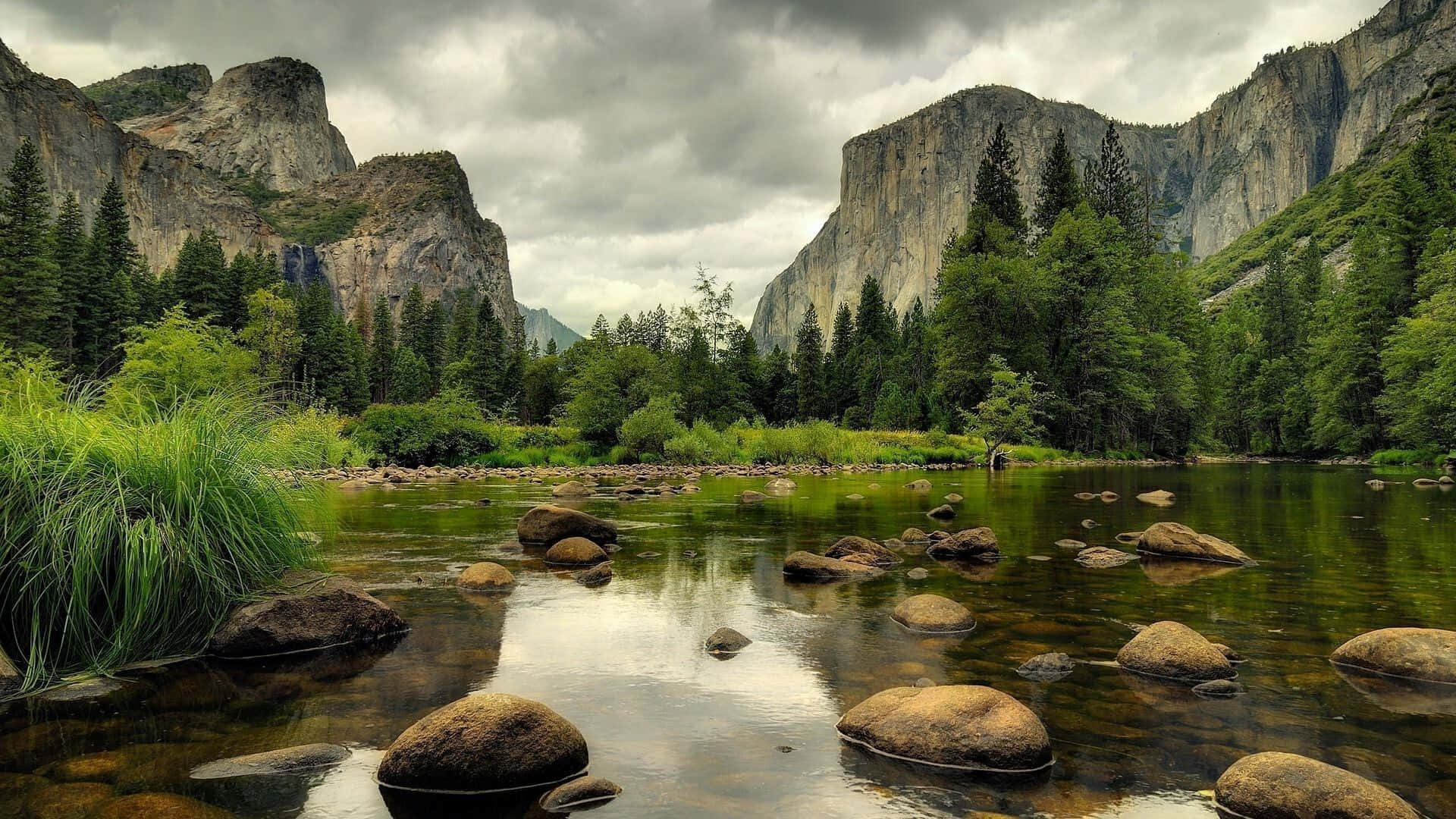 High Sierra, lush valley, towering granite cliffs, Full HD Desktop Wallpaper