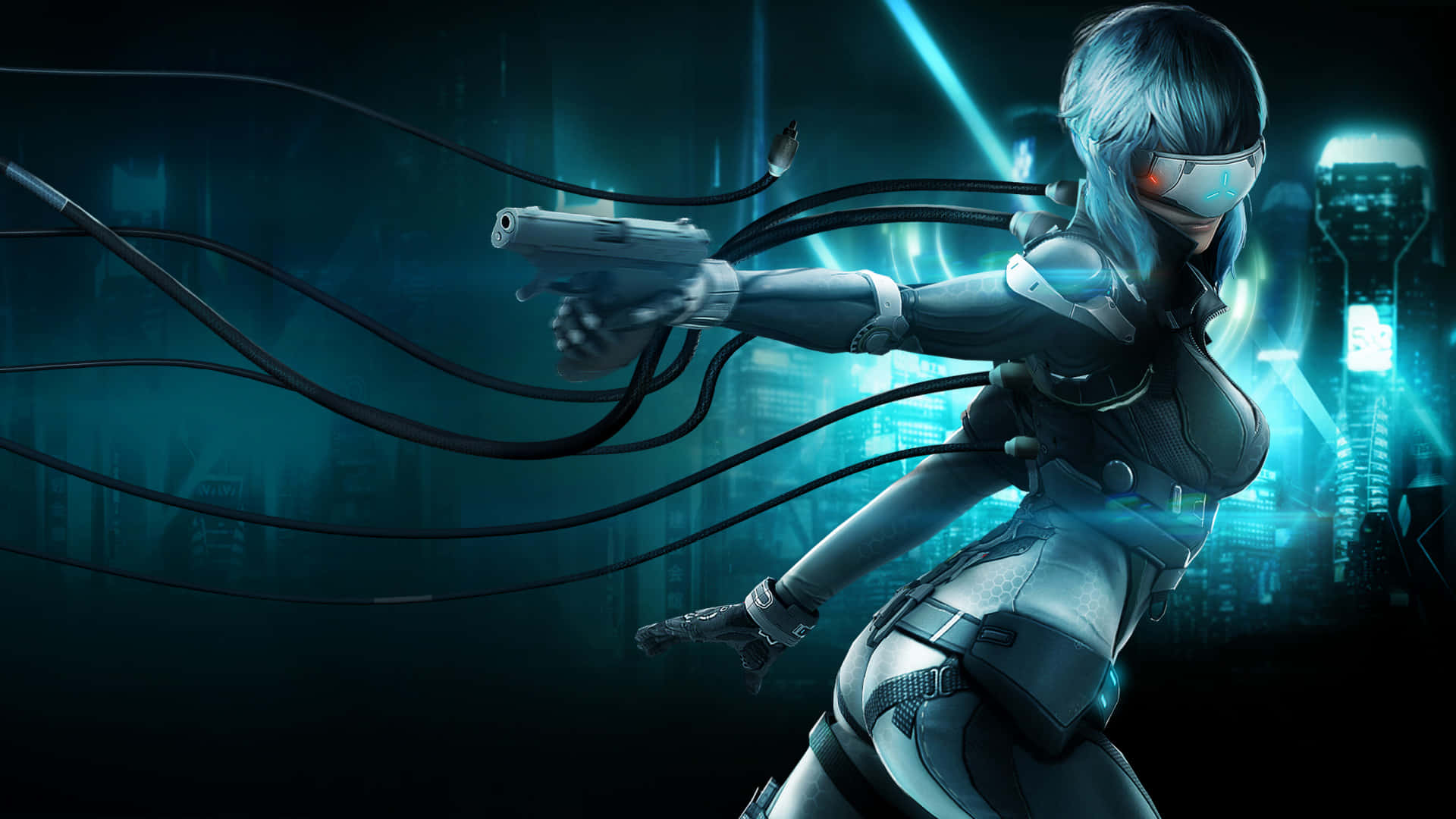 cyberpunk female agent, futuristic gear, pistol with glowing cables, Full HD Desktop Wallpaper
