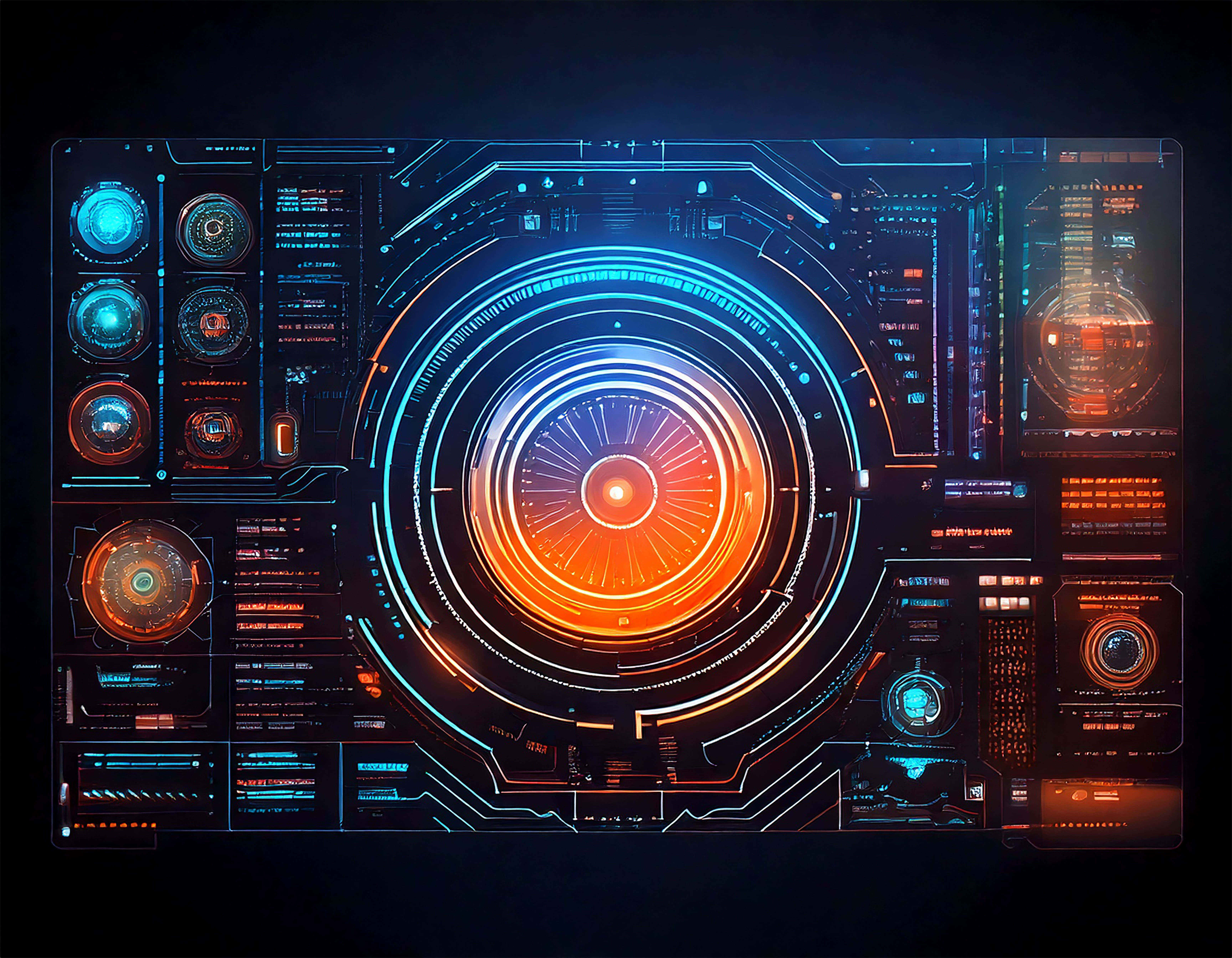 holographic dashboard, vibrant blue, orange circular interfaces, 5K Desktop Wallpaper