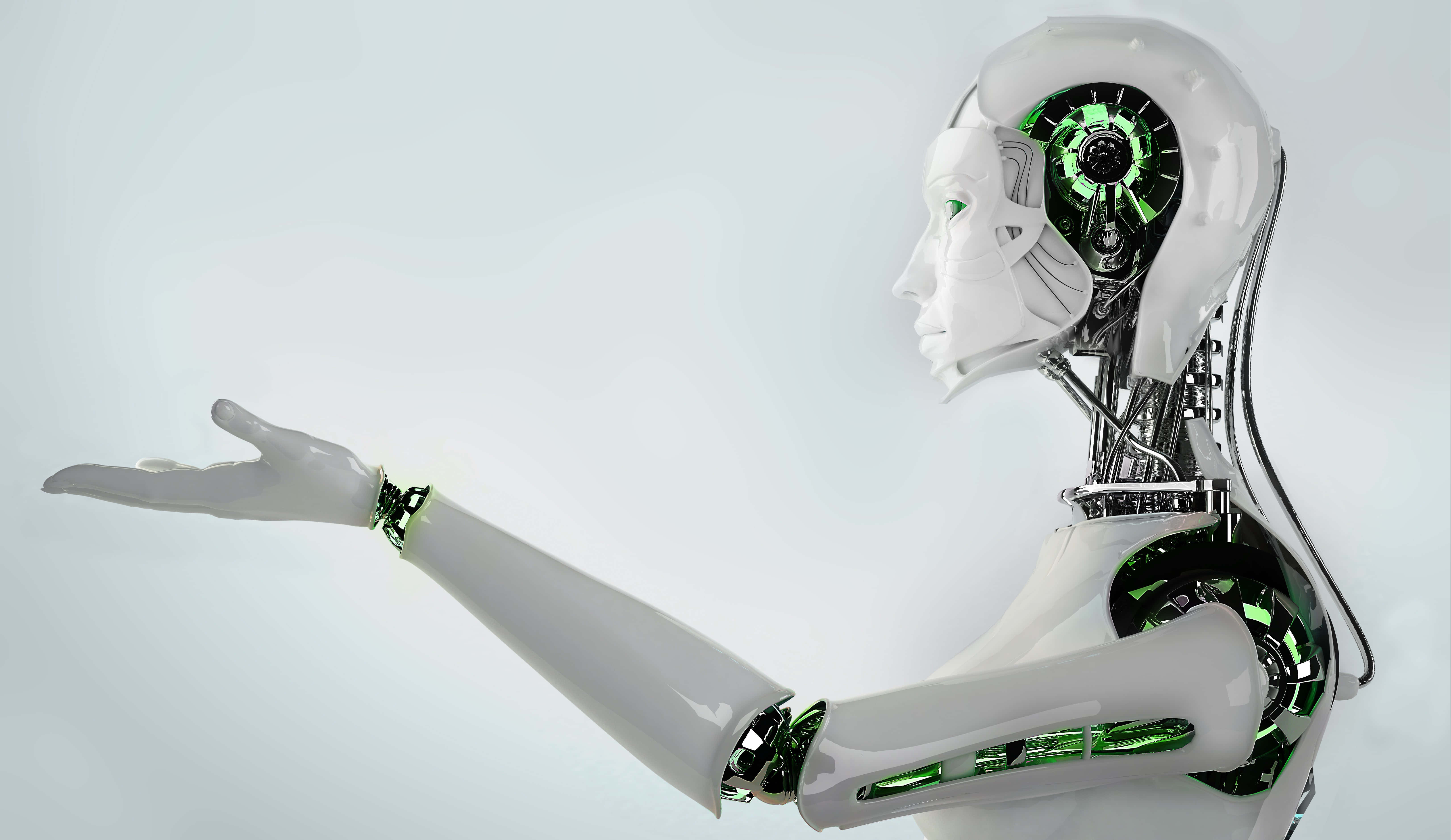 sleek white humanoid robot, glowing green internal circuits, soft gray background, 5K Desktop Wallpaper