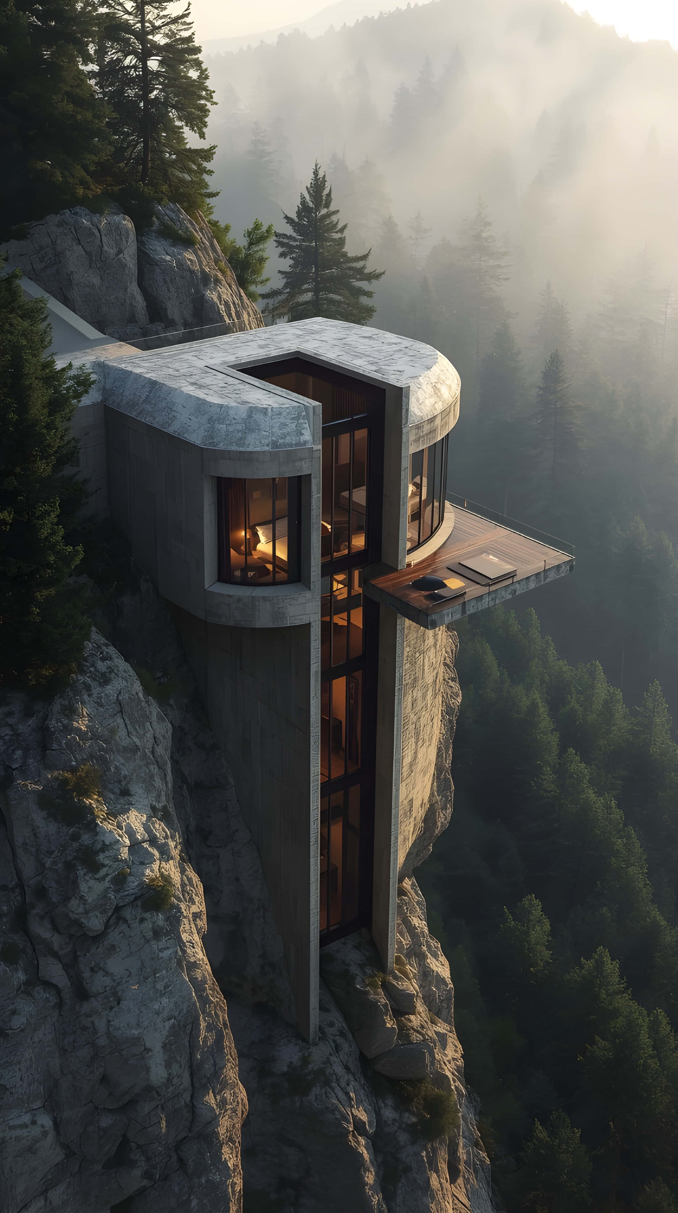 futuristic dome home, alpine forest, cliff edge, 4K Phone Wallpaper