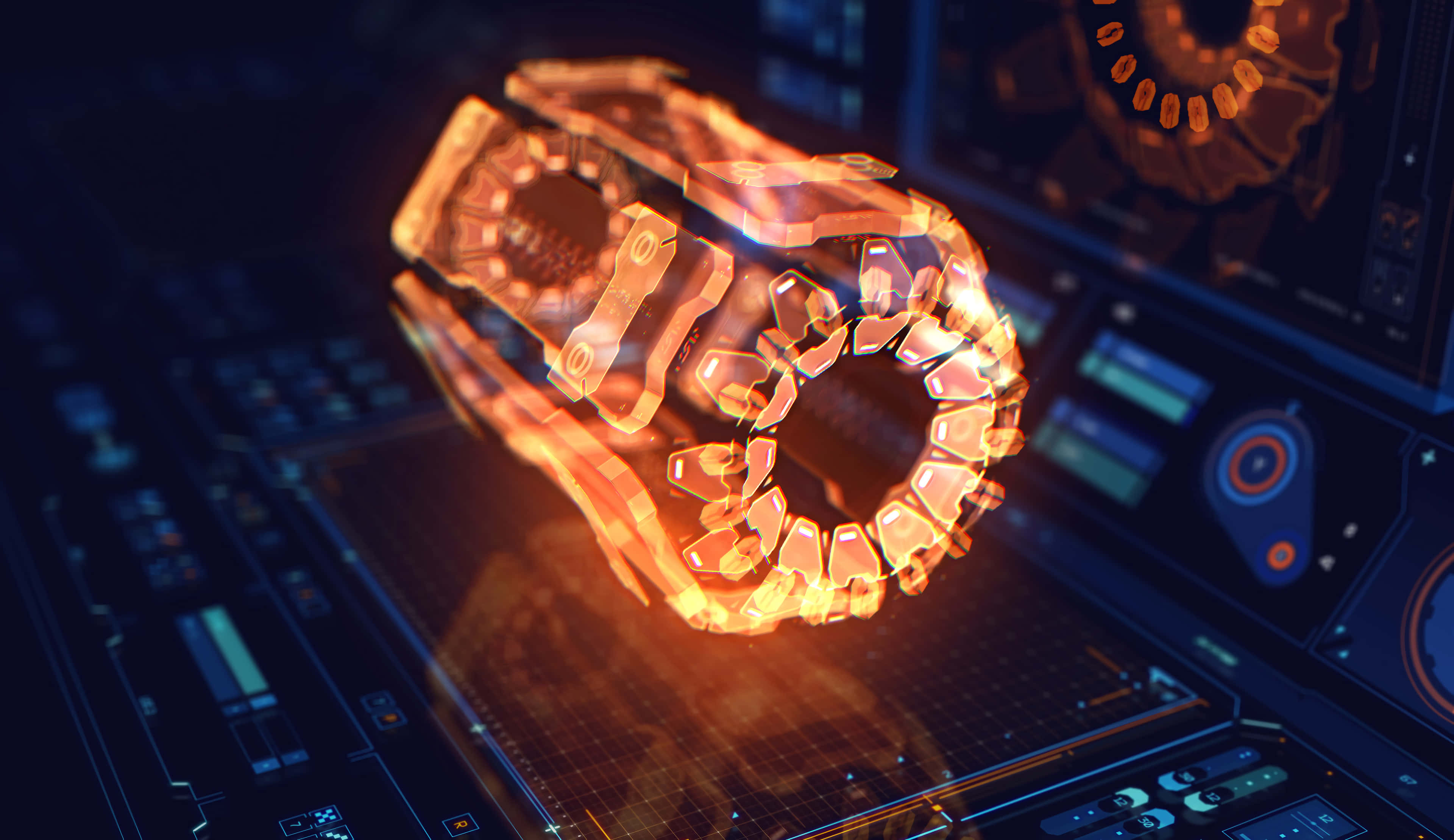glowing orange holographic gear, dark futuristic control panel, blue interface lights, 4K Desktop Wallpaper