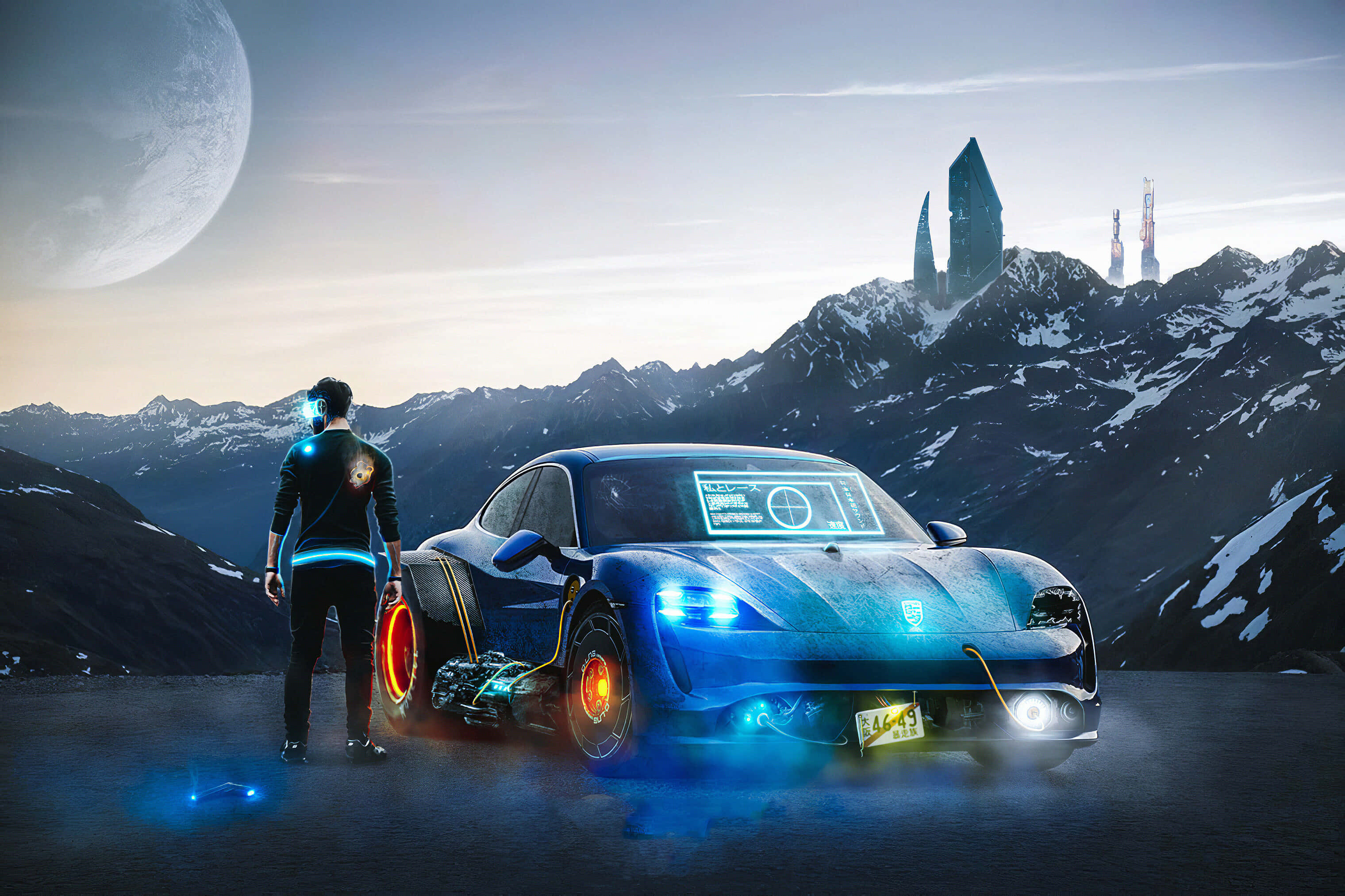 futuristic blue sports car, glowing lights, neon-lit suit, 2K Desktop Wallpaper