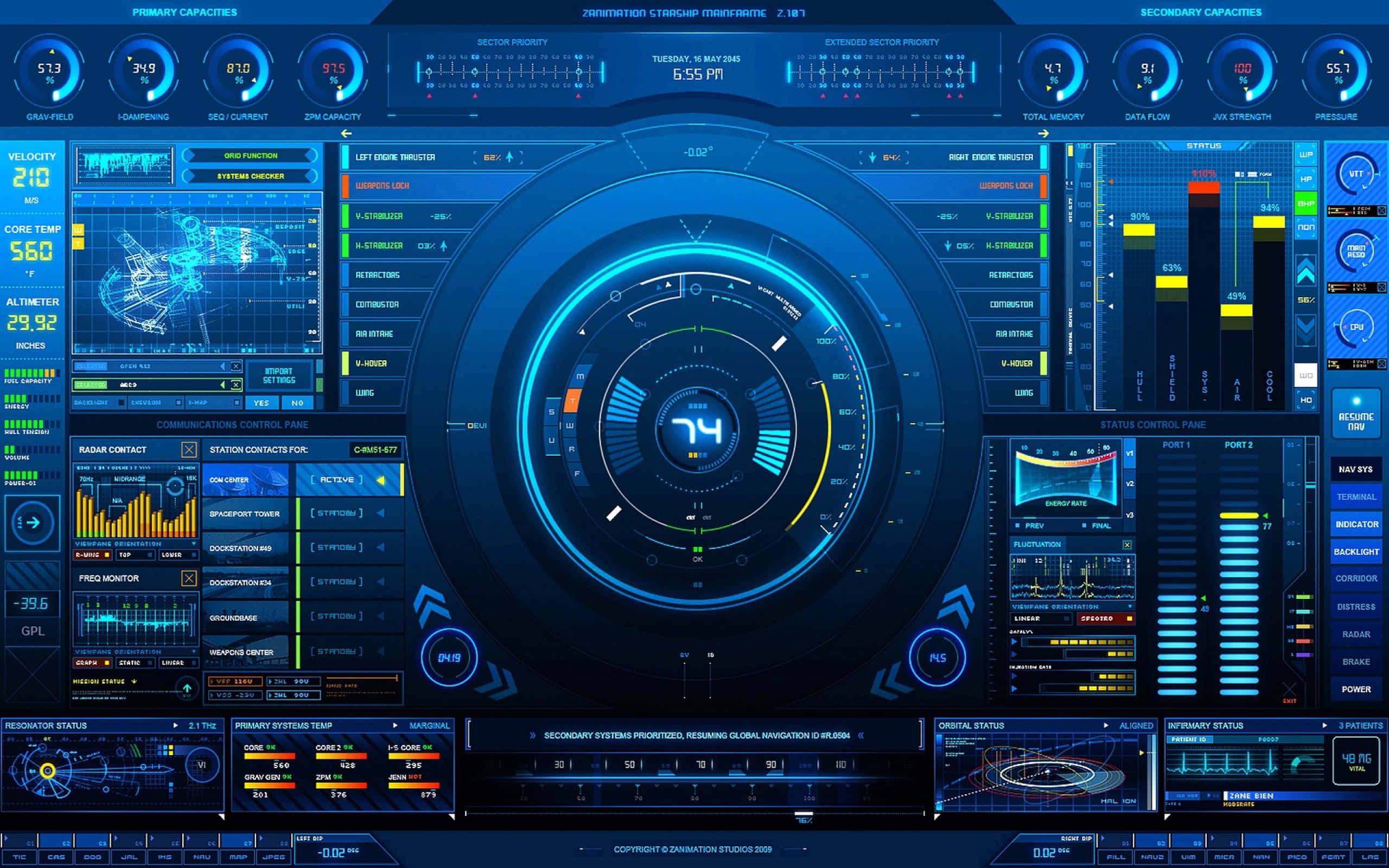futuristic blue-hued cockpit dashboard, glowing digital readouts, graphs, 2K Desktop Wallpaper
