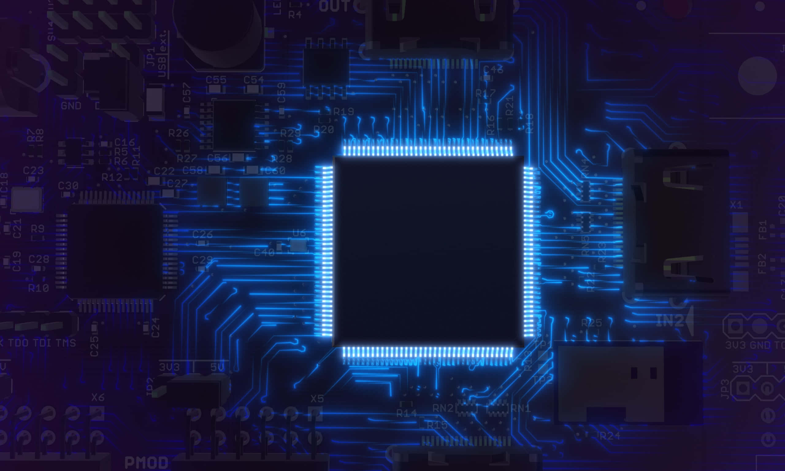 glowing blue circuit board, central square chip, intricate pathways, 2K Desktop Wallpaper
