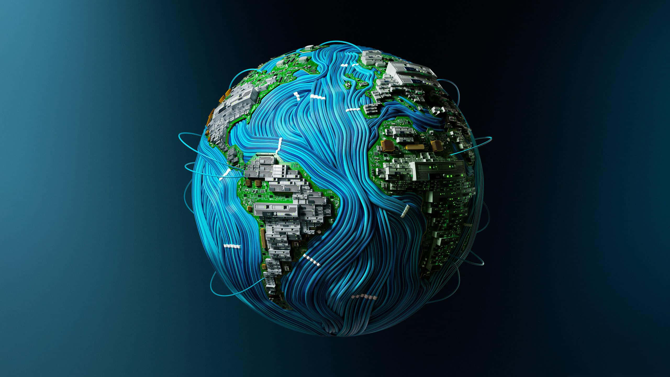 digital globe, glowing blue data streams, circuit board continents, 2K Desktop Wallpaper