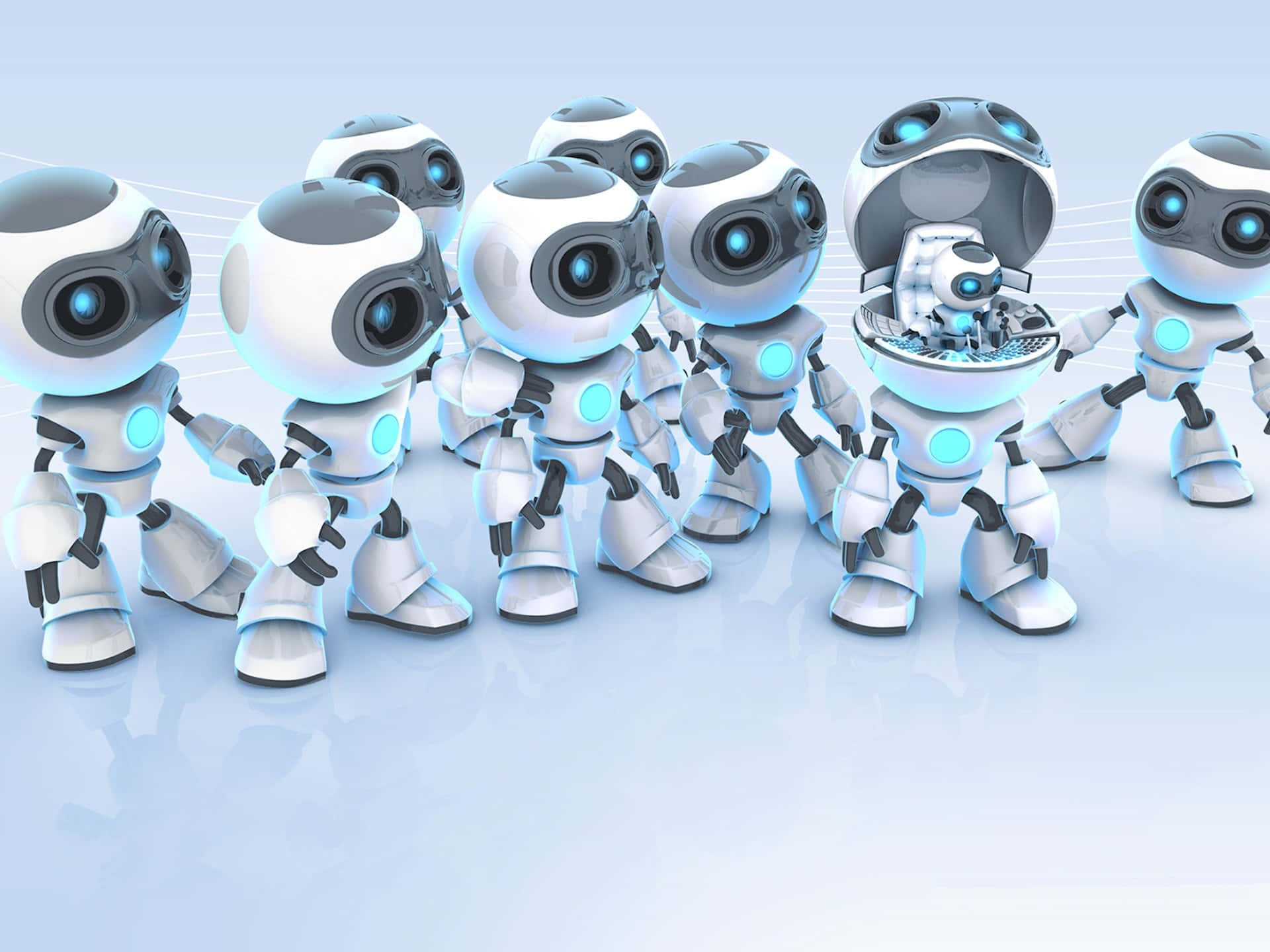 futuristic robot assembly line, white and gray robots, glowing blue eyes, Full HD Desktop Wallpaper