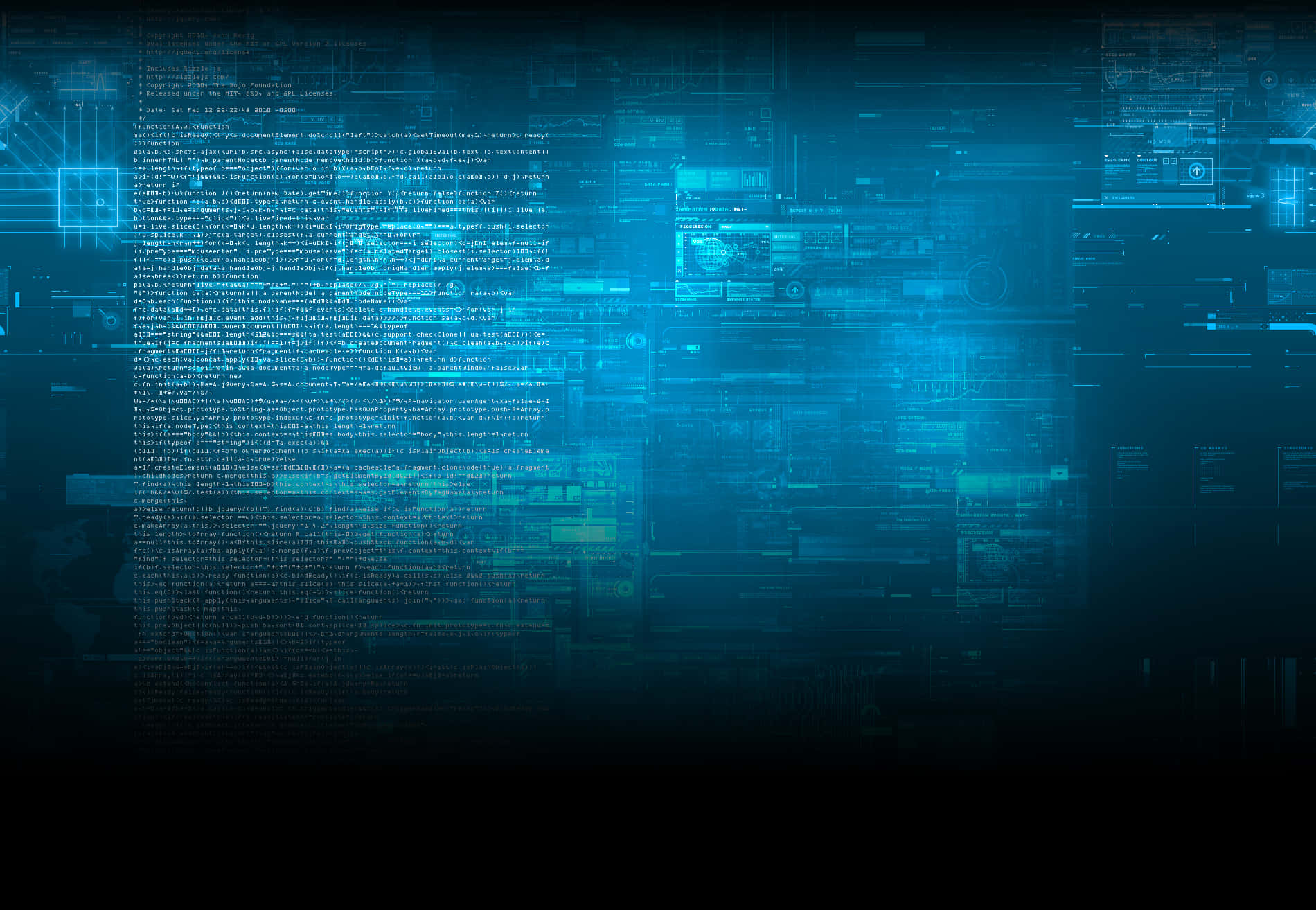 glowing blue code, floating data panels, futuristic digital interface, HD Desktop Wallpaper